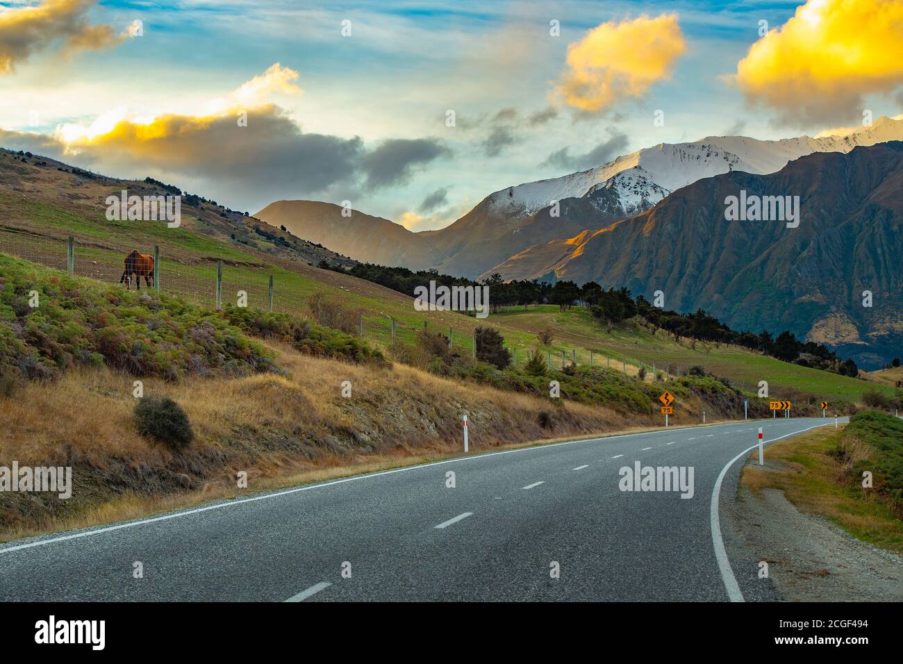 Vista sulle montagne e sulla strada a Wanaka Otago, NewZealand, quando il sole tramonta. C'era una bella nuvola gialla e un cavallo stava mangiando erba sulla collina. Foto Stock
