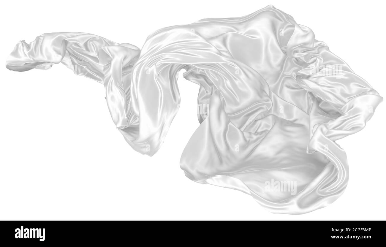 Sfondo astratto di seta bianca ondulata o satinata. immagine di rendering 3d. Immagine isolata su sfondo bianco. Foto Stock