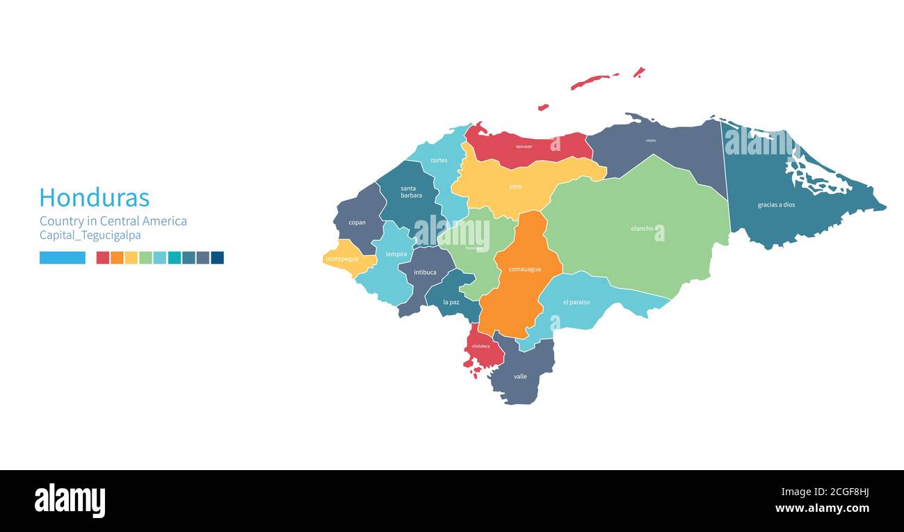 Mappa dell'Honduras. Mappa vettoriale colorata e dettagliata dell'america Centrale, Paesi dei Caraibi. Illustrazione Vettoriale