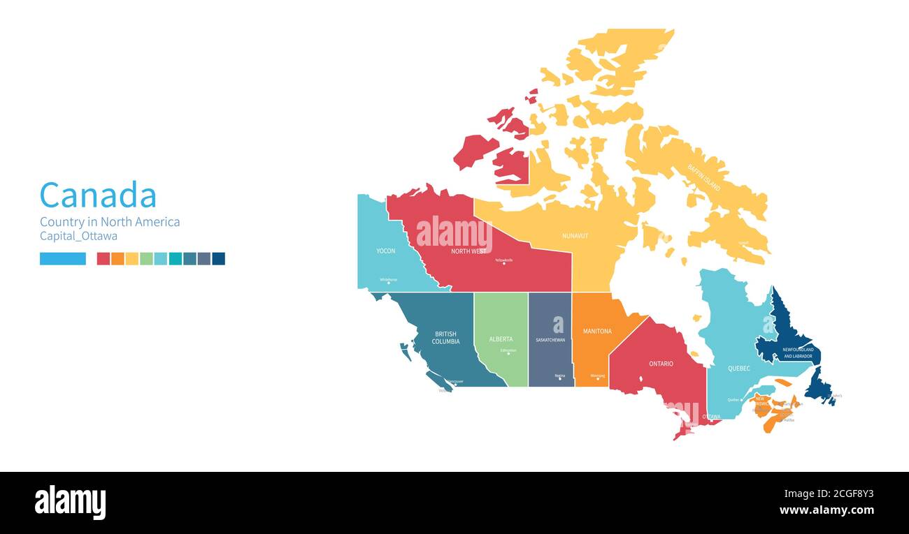 Mappa del Canada. Mappa vettoriale colorata e dettagliata del paese nordamericano. Illustrazione Vettoriale