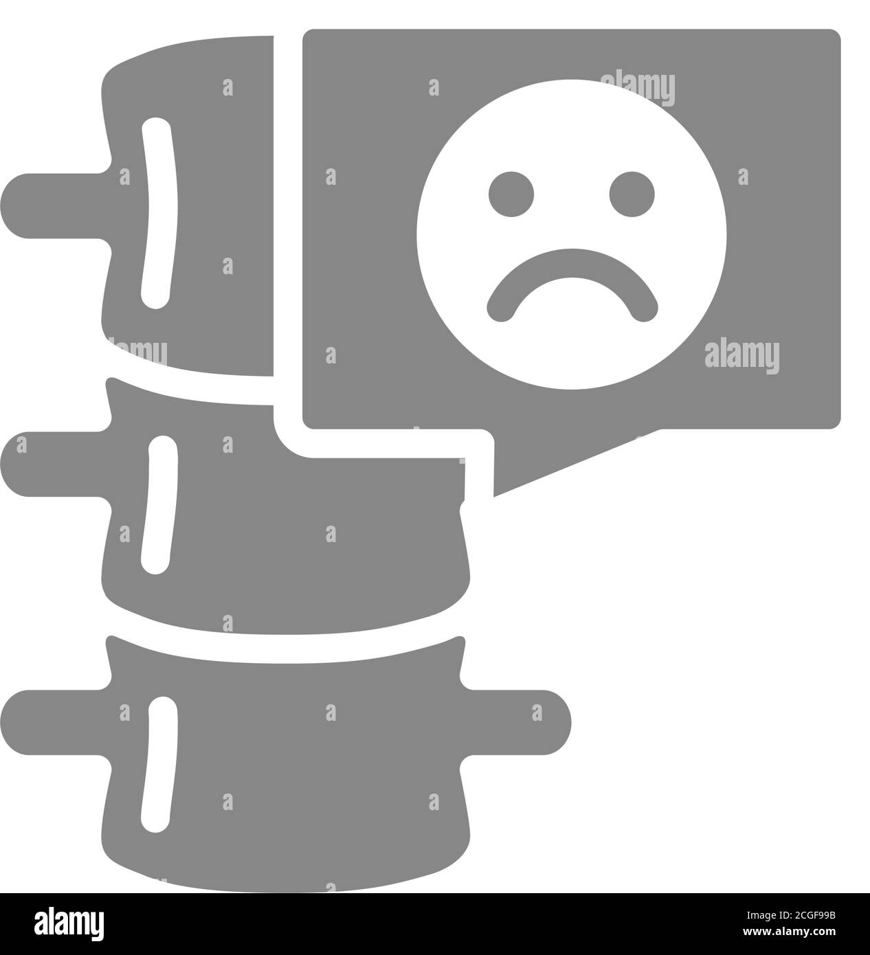 Colonna vertebrale con il volto triste nell'icona grigia della bolla di chat. Simbolo dello scheletro Illustrazione Vettoriale