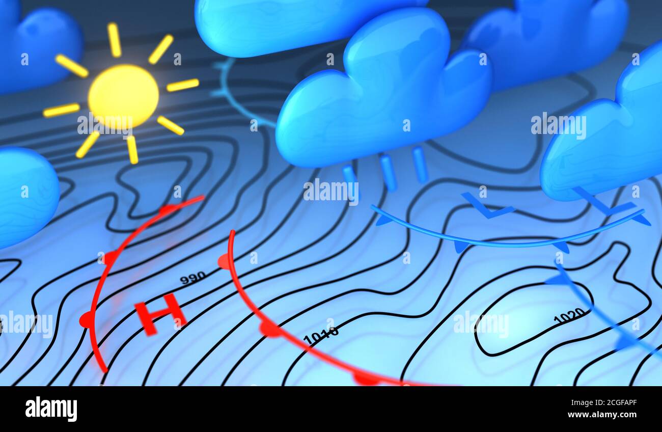 Mappa meteorologica e tubazioni della pressione. Rendering 3D Foto Stock