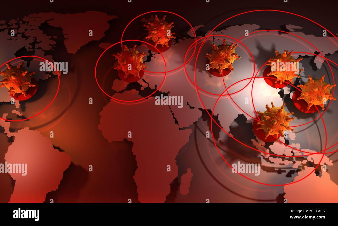 Virus umano e mappa del mondo. Rendering 3D Foto Stock