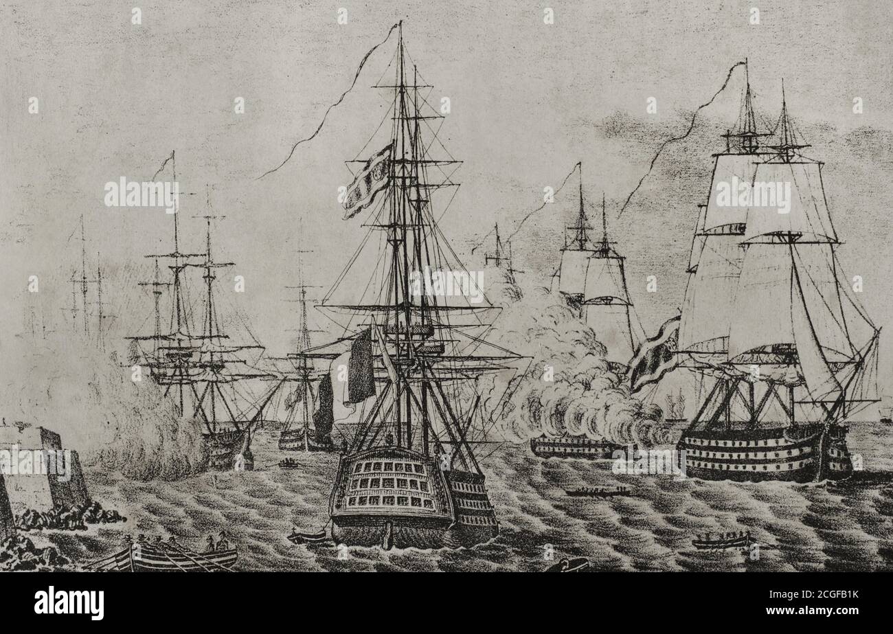 Guerra de la Independencia Española. Entre el 8 y el 14 junio de 1808 tuvo lugar un combate naval en la Bahía de Cádiz entre la flota francesa, capitaneada por Rosily-Mesros, y la fuerza naval española comandada por Juan Ruiz de Apodaca, con victoria española. Rendición de la escuadra francesa de Rosily (14 de junio de 1808). La Armada Española capturó cinco navíos de línea, una fragata y un bergantín. Rendición surta en Cádiz. Ilustración por F. Pérez. Grado. Historia del Levantamiento, Guerra y Revolución de España. Madrid,1852. Foto Stock