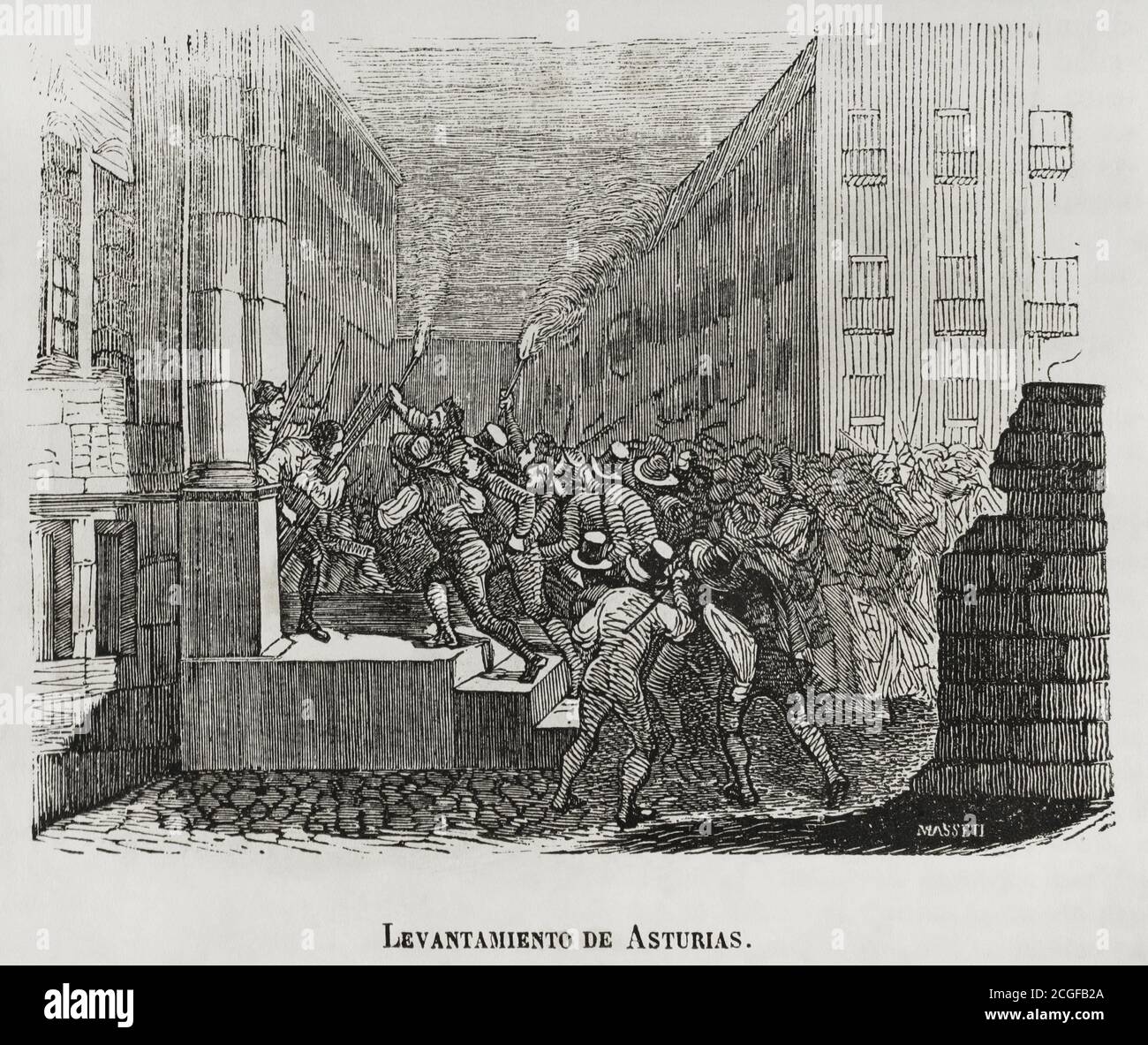 España. Asturie. Invasión napoleónica. Levantamiento de Asturias (15 de mayo de 1808). El pueblo asturiano se sublevó contra las autoridades de la audiencia y la junta General del principado que querían acatar las órdenes del mariscal Murat que llegaban de Madrid. El 25 de Mayo millares de asturianos venidos de muchos lugares asaltaron la fábrica de armas de Oviedo y tomaron la ciudad. Constituyeron un nuevo órgano de gobierno, la Junta Suprema, reconociendo la soberanía popular y dichiarando la guerra a Napoleón. Grado. Historia del Levantamiento, Guerra y Revolución de España, por el conde Foto Stock