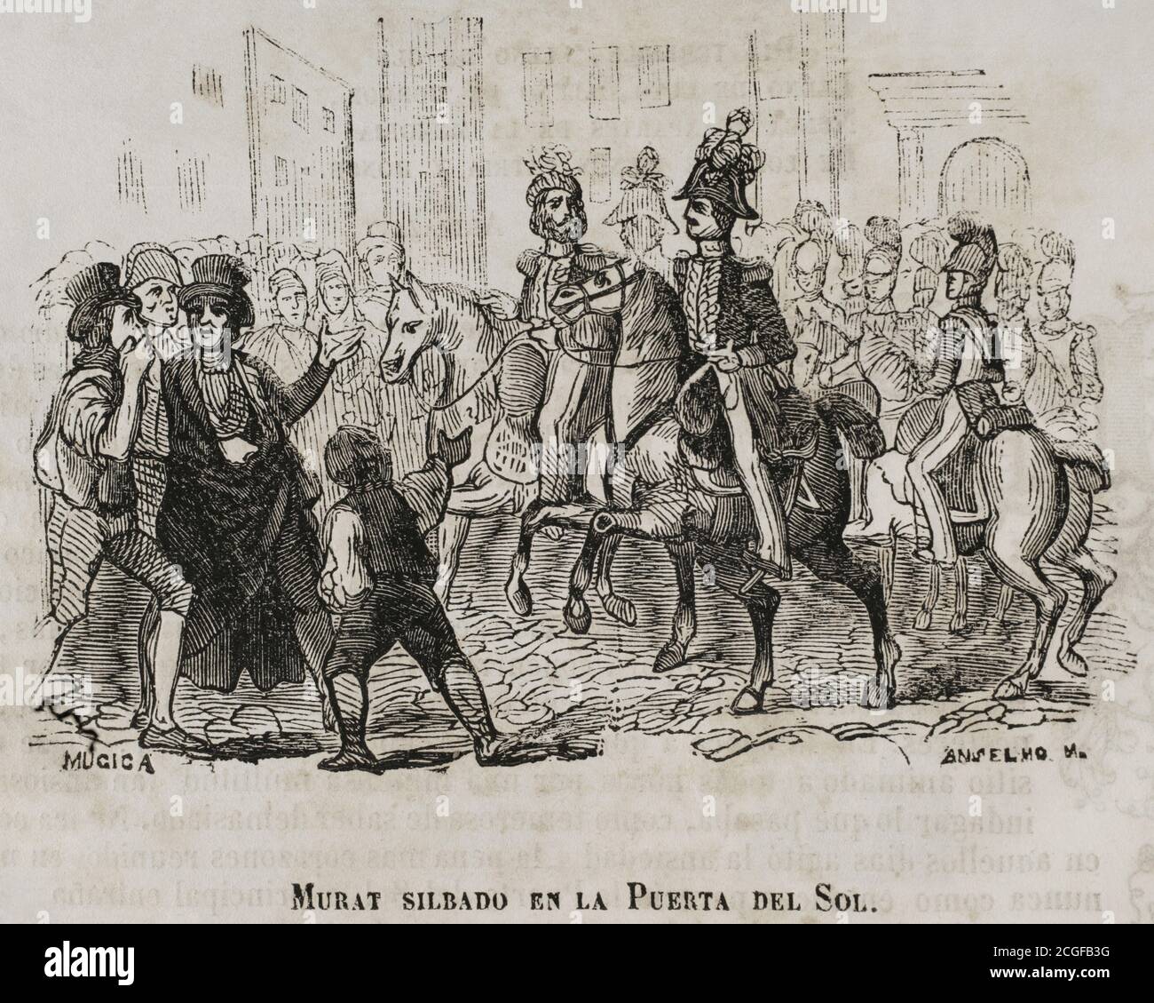 España. Madrid. Invasión Napoleónica. El mariscal francés Joaquín Murat (1767-1815) diariamente se mostraba en público rodeado de su guardia Imperial, pasando cada domingo revista a sus tropas en el Prado, con el fin de hacer ostensible su poderío militar al pueblo. El domingo 1 de mayo de 1808, tras pasar por la Puerta del Sol regressando de la revista de tropas en el Paseo del Prado, la muchedumbre concentrada en el lugar lo silbó e increpó. "Murat silbado en la Puerta del Sol". Ilustración por Múgica. Grabado por Anselmo. Historia del Levanamiento, Guerra y Revolución de España, por el conde Foto Stock