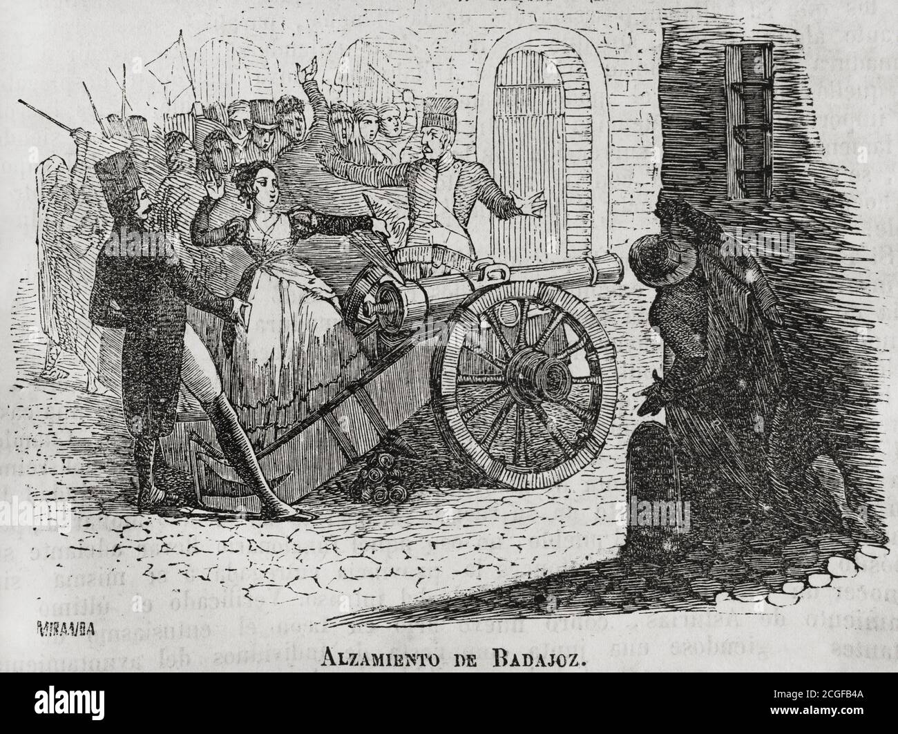Guerra del Independencia Española (1808-1814). El 30 de mayo de 1808 es asesinado, víctima de un tumulo popular, el capitán General de la provincia de Extremadura, Toribio Grajera de Vargas, tercer conde la Torre del Fresno, acusado de afrancesado. Este hecho significó el punto de partida de una revuelta extremeña contra el gobierno y la ocupación napoleónica. "Alzamiento de Badajoz". Ilustración por Miranda. Grado. Historia del Levantamiento, Guerra y Revolución de España, por el conde de Toreno. Madrid,1852. Foto Stock