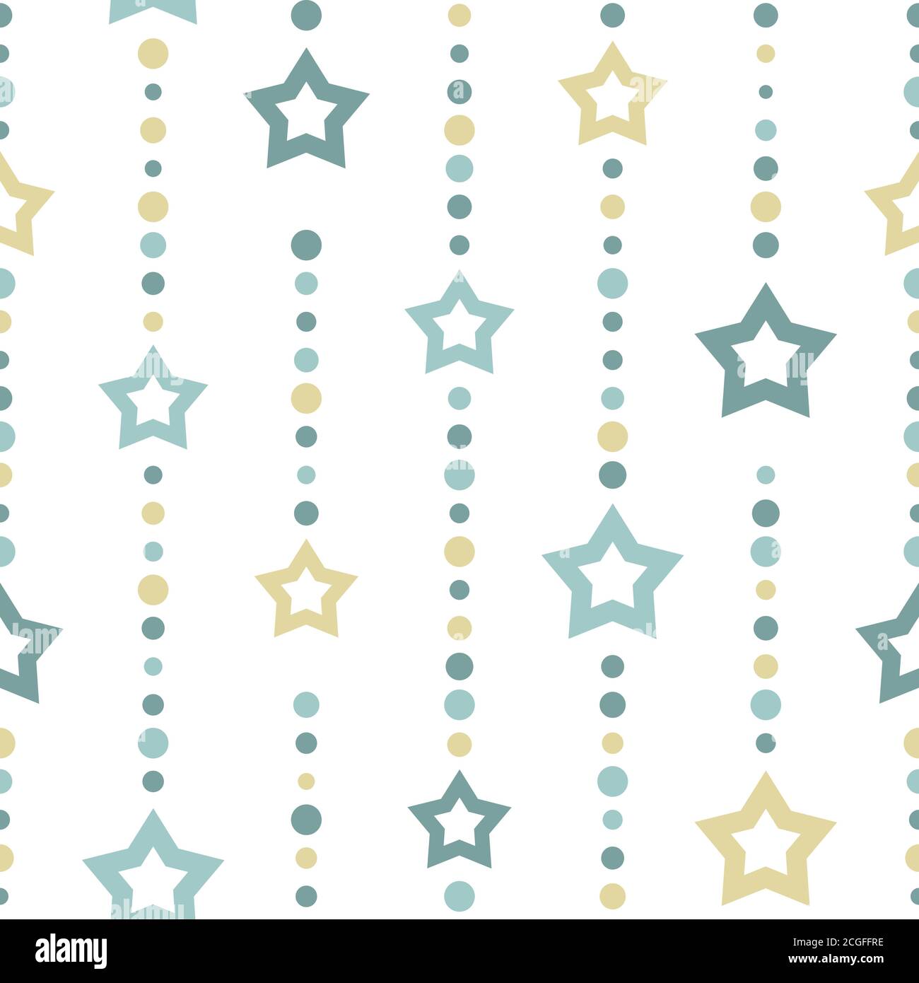 Ornamento senza cuciture con puntini blu e gialli e stelle su sfondo bianco. Cordino di perle con palline e stelle. Illustrazione vettoriale. Carino stelle modello. Illustrazione Vettoriale