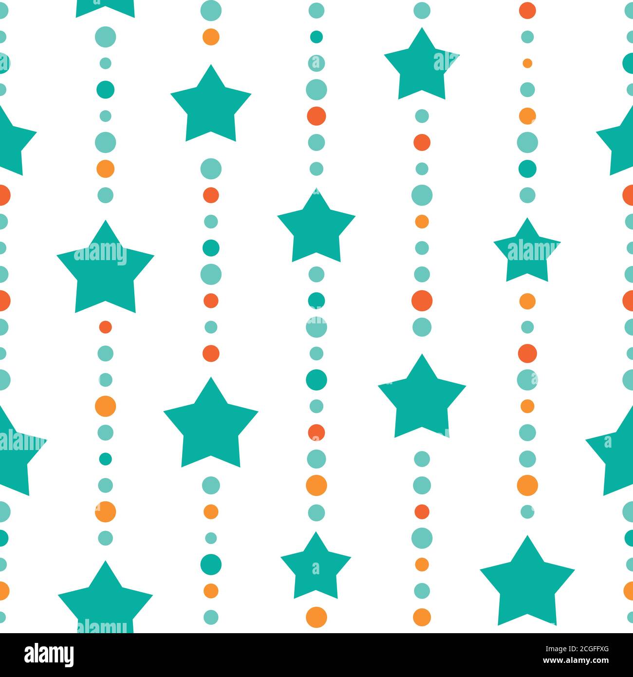 Sfondo senza cuciture con puntini e stelle blu e turchesi su sfondo bianco. Cordoni di perle acquamarine con palline e stelle. Illustrazione vettoriale. Taglia Illustrazione Vettoriale