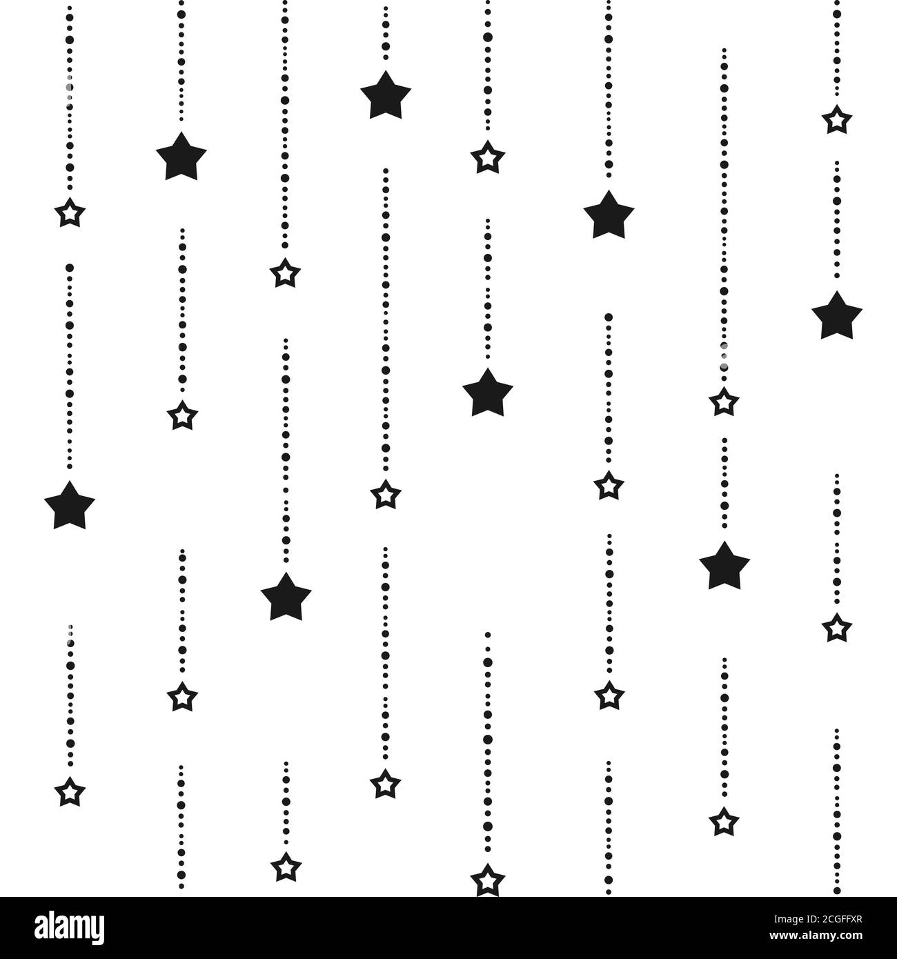 Sfondo senza cuciture con punti neri e stelle su sfondo bianco. Cordino di perle nere con palline e stelle. Illustrazione vettoriale. Stelle carine. Illustrazione Vettoriale