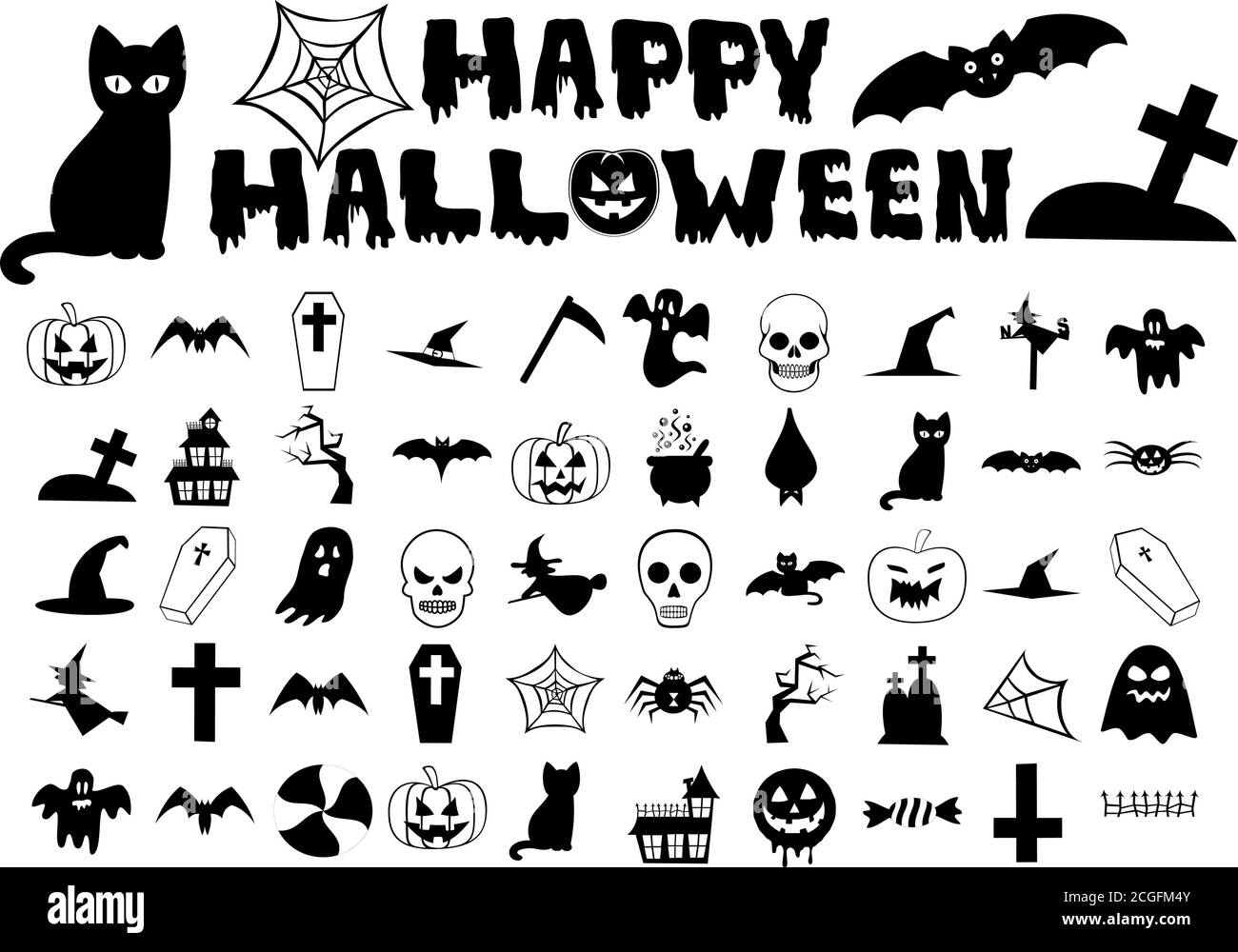 Trucco o trattare le icone nere insieme - Halloween Illustrazione Vettoriale