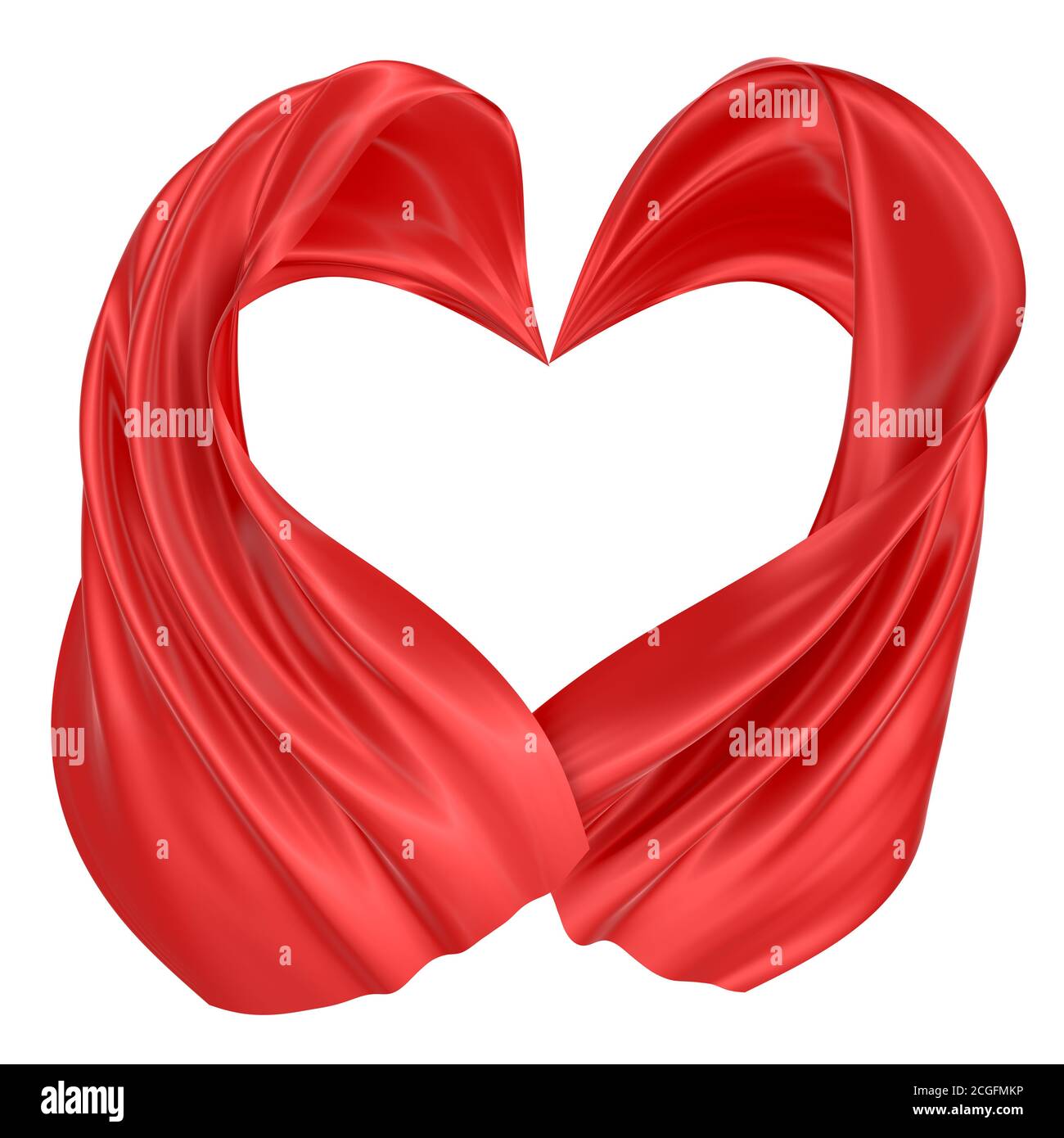 Sfondo astratto di seta rossa ondulata o satinata. immagine di rendering 3d. Immagine isolata su sfondo bianco. Foto Stock