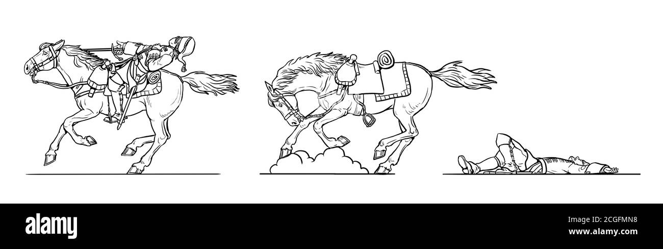 Attacco di cavalleria. Disegno di draghi francesi. Disegno storico della Guerra dei sette anni. Foto Stock