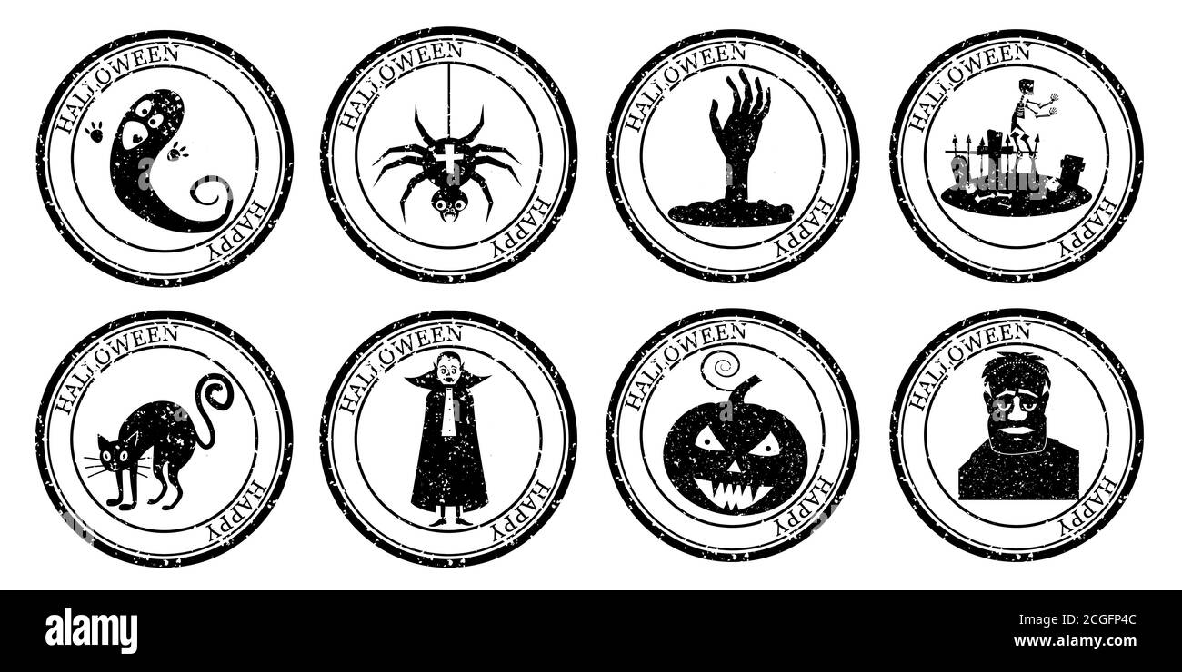 Imposta timbro postale di Halloween. Icona Pumpkin Hand Cemetery Cat Vampire Ghost Spider Silhouette Seal. Grana trama. Design rotondo Passport. Disegno vettoriale Illustrazione Vettoriale