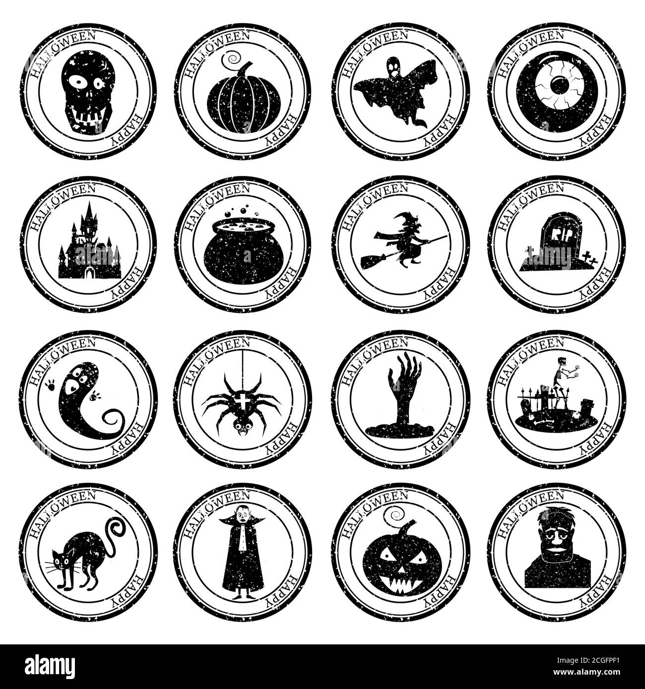 Imposta timbro postale di Halloween. Icona Pumpkin Hand Cemetery Cat Vampire Ghost Spider Silhouette Seal. Grana trama. Design rotondo Passport. Disegno vettoriale Illustrazione Vettoriale