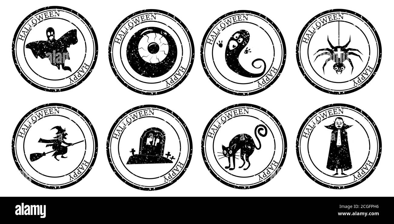 Imposta timbro postale di Halloween. Simbolo Vampire Cemetery Spider Cat Strega Ghost Eye Silhouette Seal. Grana trama. Design rotondo Passport. Disegno vettoriale Illustrazione Vettoriale