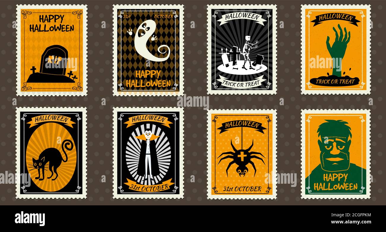Happy Halloween Set francobolli con fantasma, scull, tomba, zombie, castello, Vampire, ragno, mano, Halloween cartoon simbolo. Vettore isolato retro Illustrazione Vettoriale