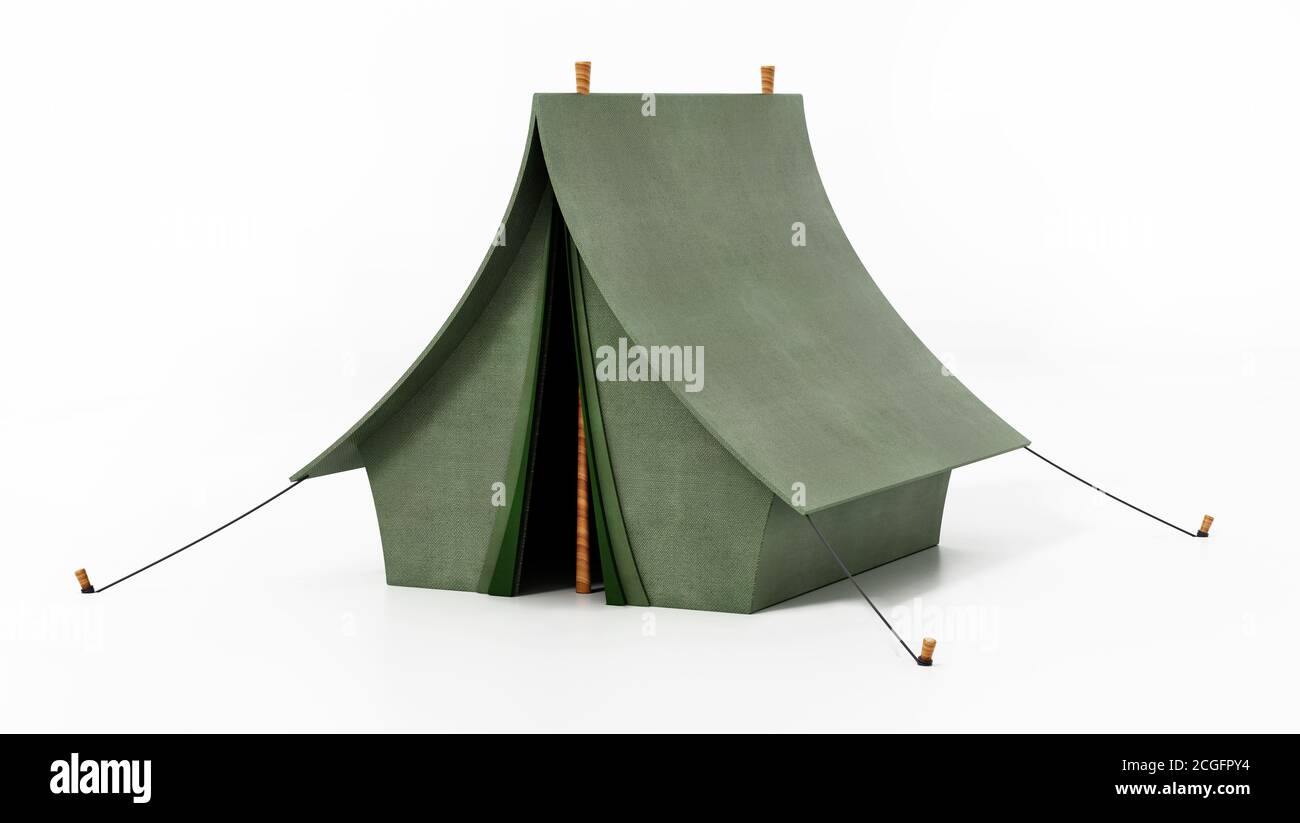 Tenda da campeggio verde isolata su sfondo bianco. Illustrazione 3D. Foto Stock