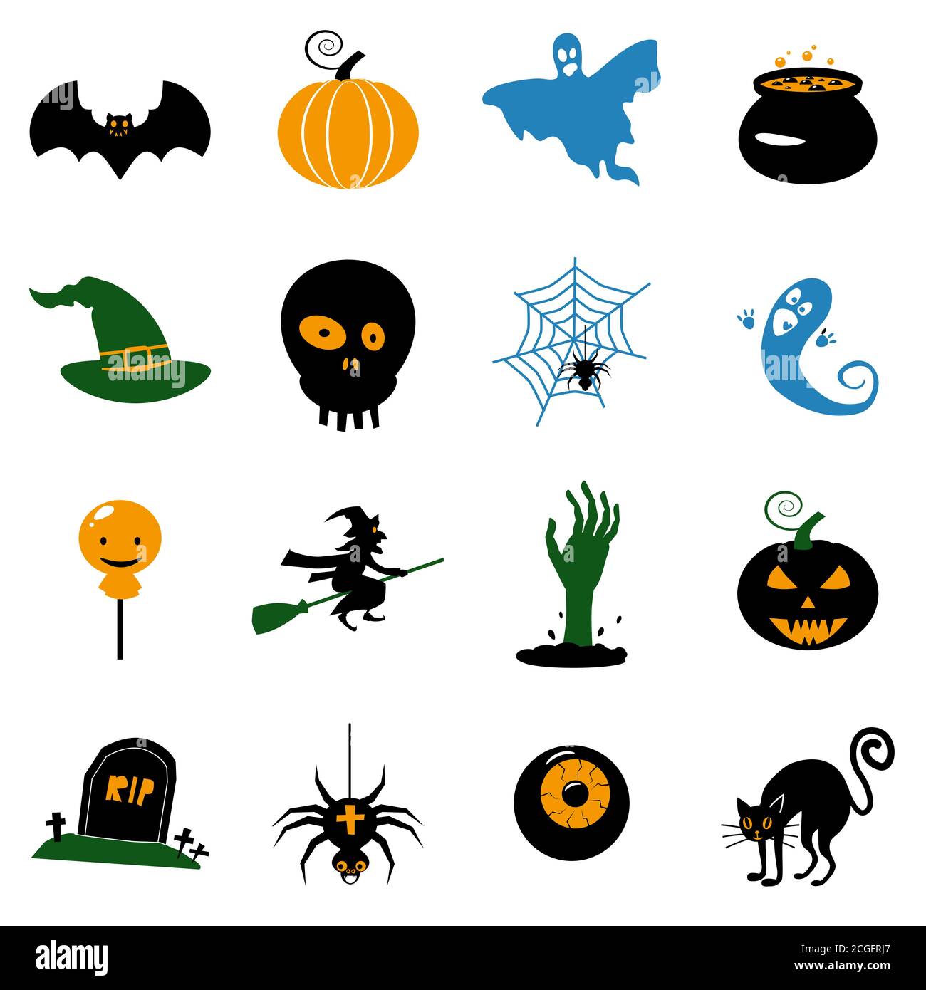 Set Halloween icone e illustrazioni zucche colorate pipistrello, gufo, fantasma, pentola, lune, cappello, lapidi, albero spaventoso, gatto, occhio, ragno. Vettore isolato Illustrazione Vettoriale