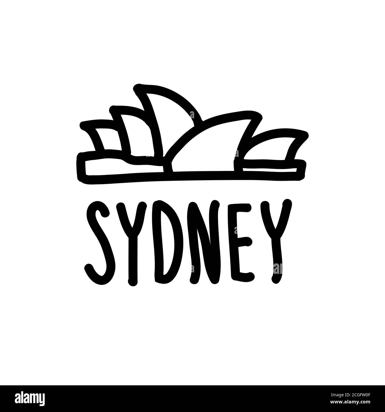Doodle scritta Sydney e il suo simbolo principale. Teatro dell'Opera di Sydney. Disegno a mano con un semplice contorno nero. Illustrazione vettoriale isolata in bianco Illustrazione Vettoriale