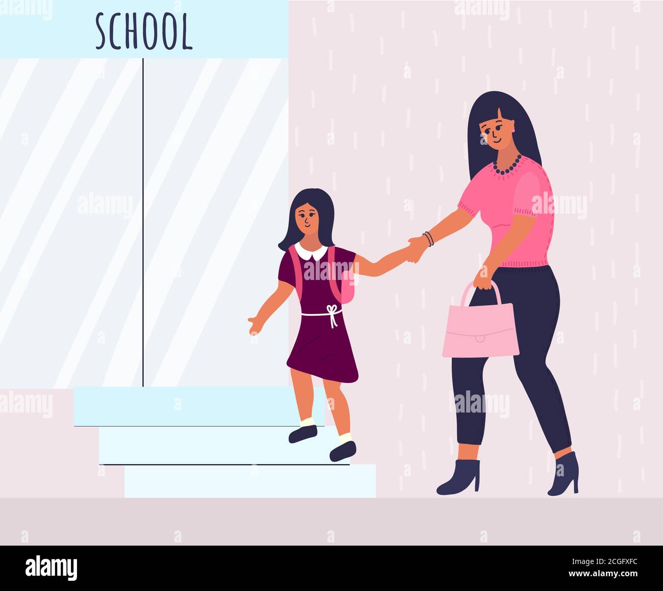 madre e figlia vanno a scuola. madre bruna in jeans blu conduce una bambina in un abito di maroon e una cintura bianca dalla mano. Illustrazione Vettoriale