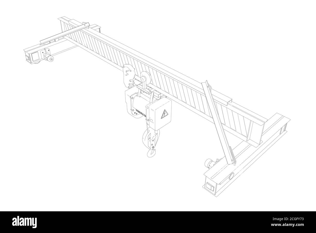 Profilo della gru fissa di sollevamento da linee nere isolate su sfondo bianco. 3D. Vista isometrica. Illustrazione vettoriale Illustrazione Vettoriale