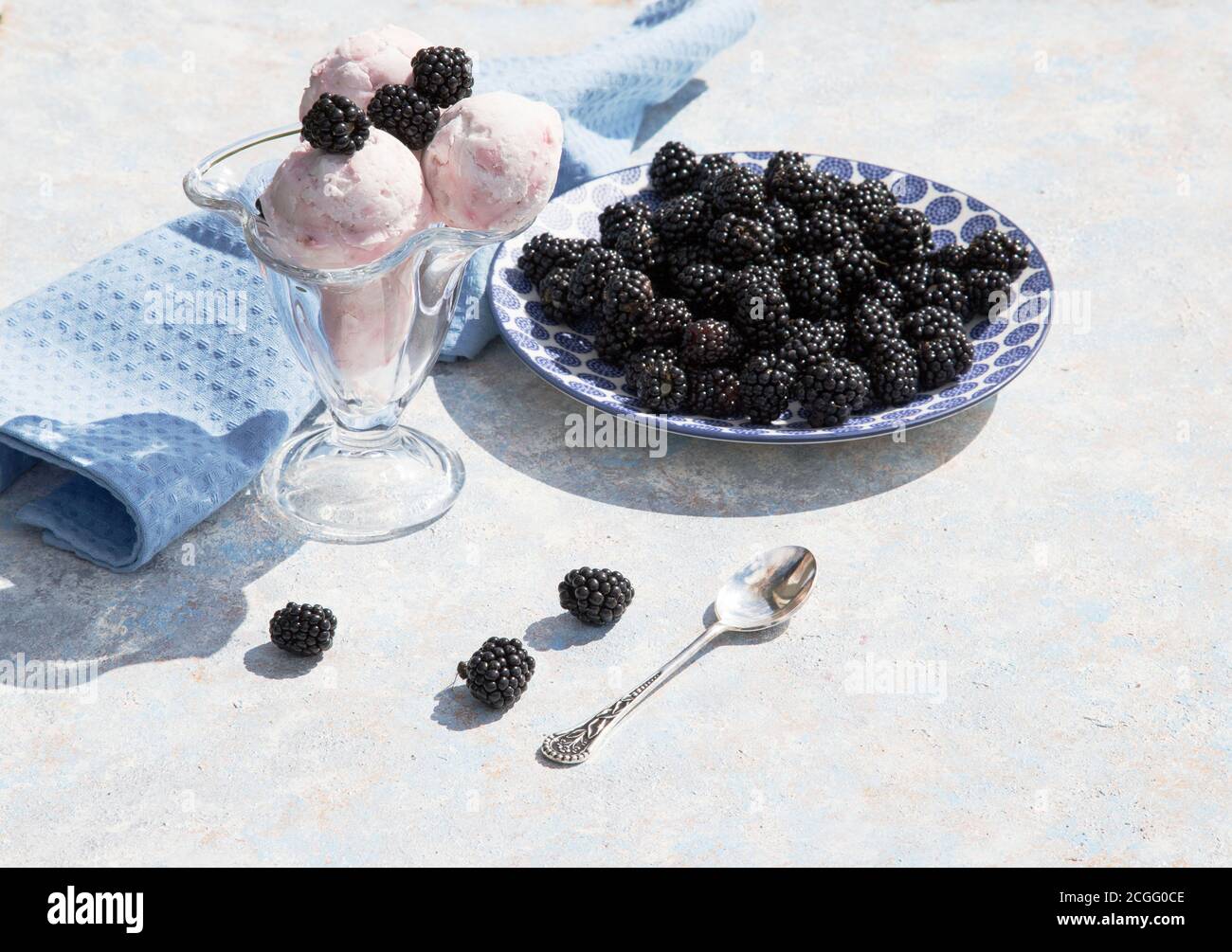 Palline di gelato in un recipiente di vetro con bacche nere su uno sfondo chiaro.orientamento orizzontale. Inserire uno spazio per la copia Foto Stock