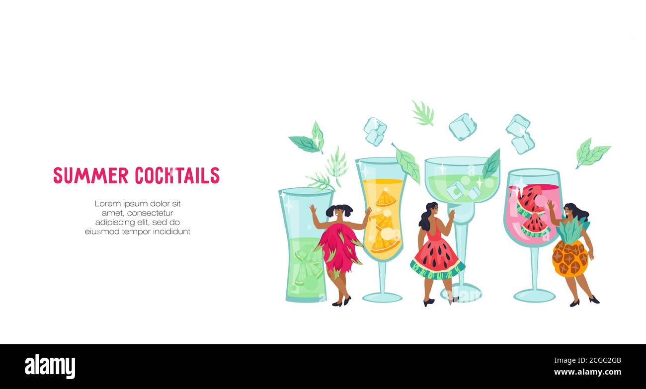 Cocktail bar e bevande estive che rendono il sito web modello piatto vettore illustrazione. Illustrazione Vettoriale