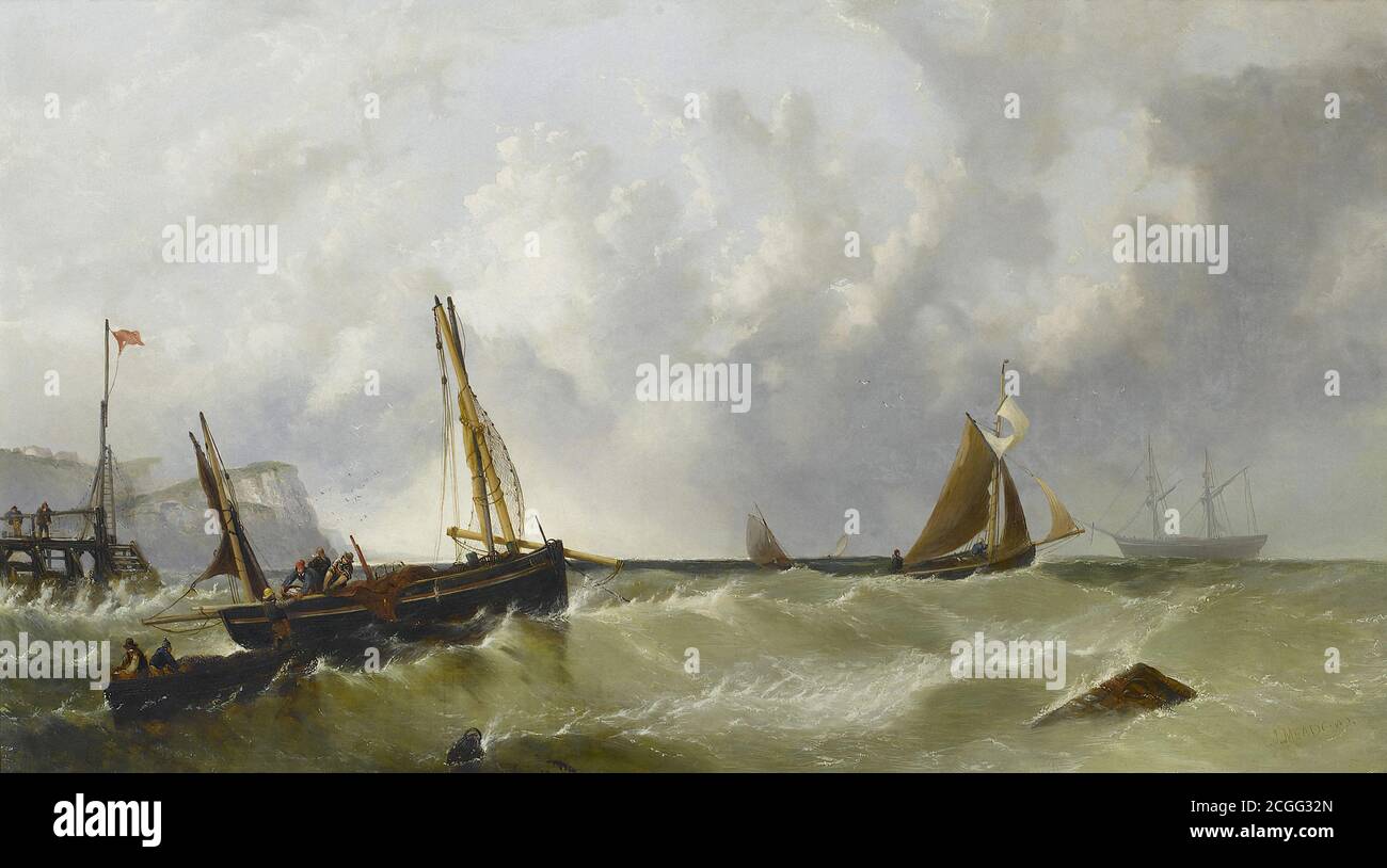 Prati James Edwin - pescatori al lavoro fuori di un Jetty In un pesante gonfiamento - British School - 19 ° secolo Foto Stock