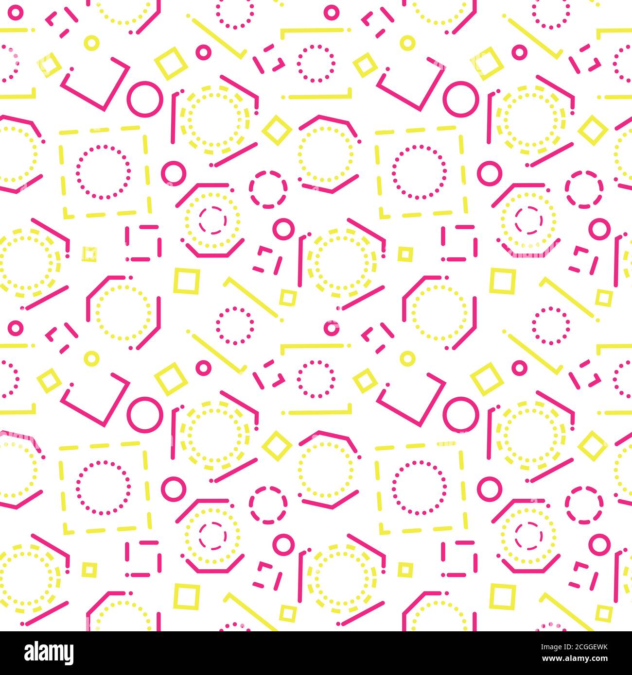 Sfondo astratto con forme geometriche magenta-gialle, cerchi, quadrati e linee su sfondo bianco. Desi modello di copertura con motivo senza giunture minimo Foto Stock