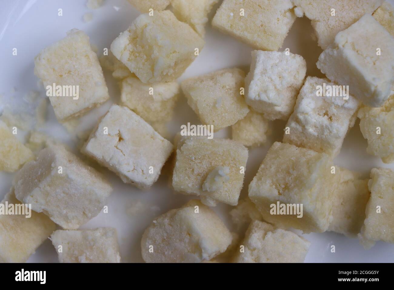 Paneer congelato o casetta su sfondo bianco, latticini, alimenti lavorati Foto Stock
