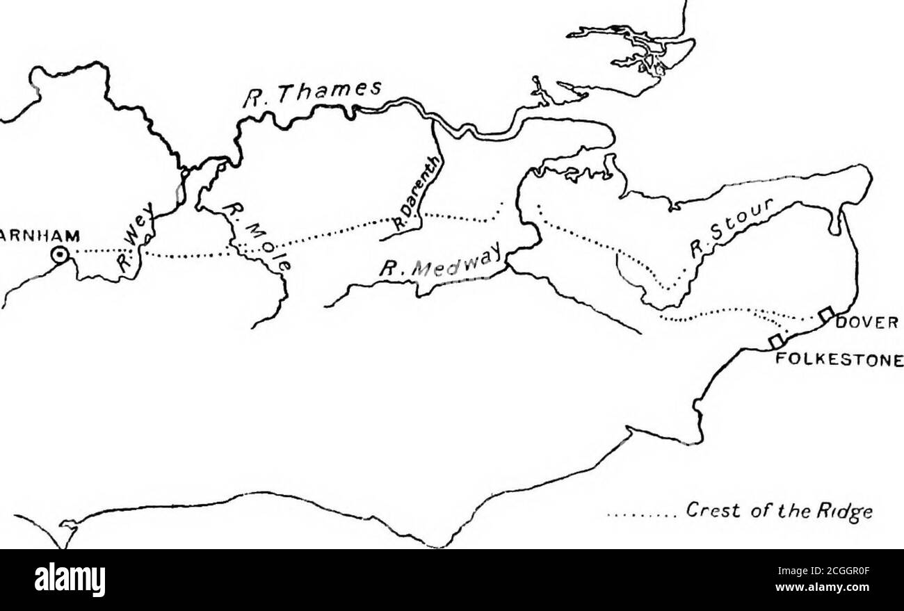 . La Old Road . ch sembra chiedere ad un viaggiatore che atterra a Kentdi usarla se si rechi verso ovest, o ad un altro che lascia il paese interno di usarla come ultima parte del suo viaggio verso est-verso il mare Voglio dire quelle altezze che sono chiamate inthloro l'intero Nord Downs. Ci corre dal quartiere dello stretto di Doverright attraverso l'Inghilterra meridionale, in una grande prua, una gamma di colline che per la sua lunghezza, modello e aspetto immutabile, ha noesight parallelo in Europa. Un uomo che dovrebbe lasciare lo stretto con l'oggetto che raggiunge i centri Hampshire troverebbe un moderatamente ripido, asciutto, ch Foto Stock