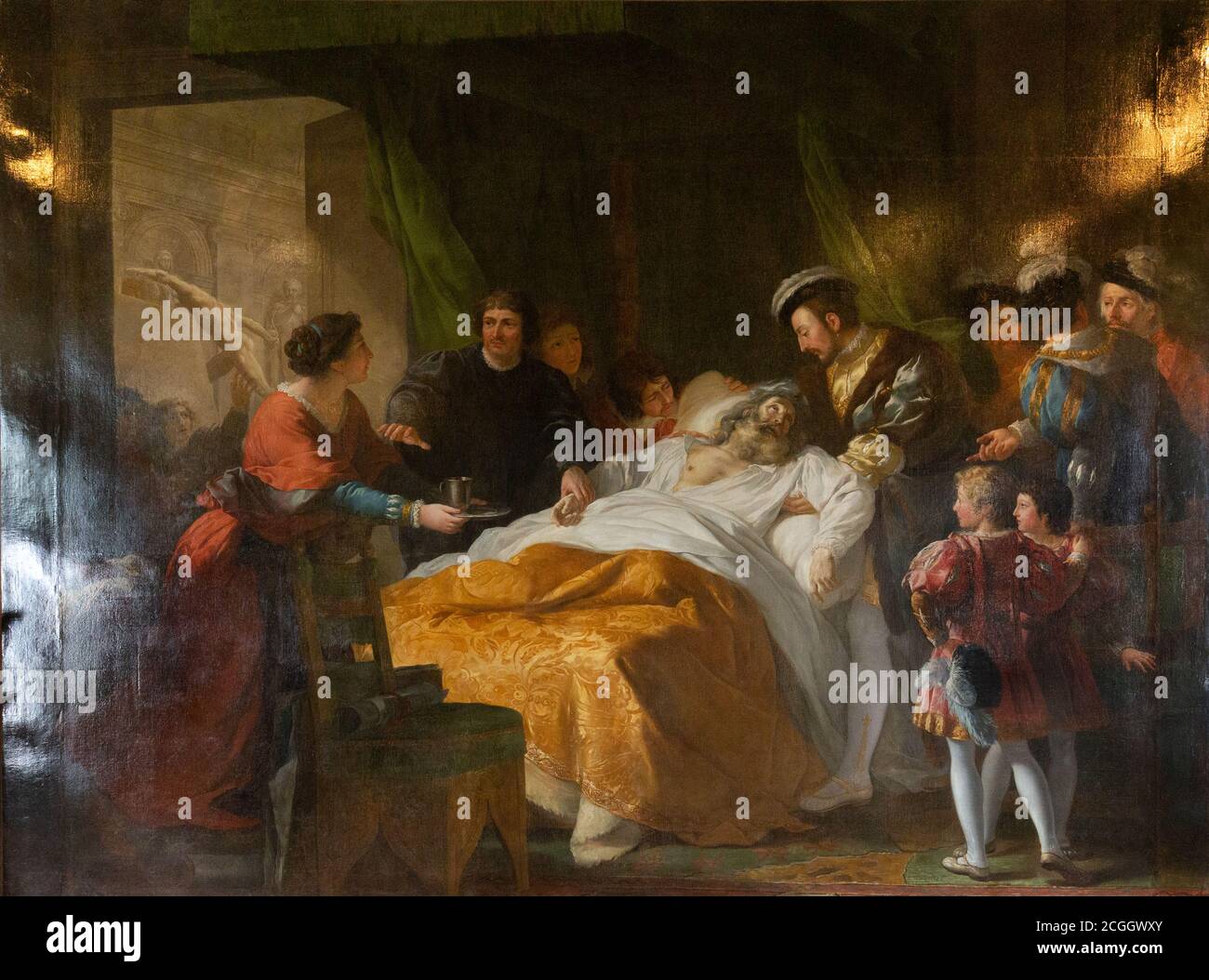 Dipinto, 'la morte di Leonardo da Vinci' di Francois-Guillaume Menageot dipinto nel 1781, nella Grande Camera da Letto, Castello di Amboise, Amboise, Francia Foto Stock