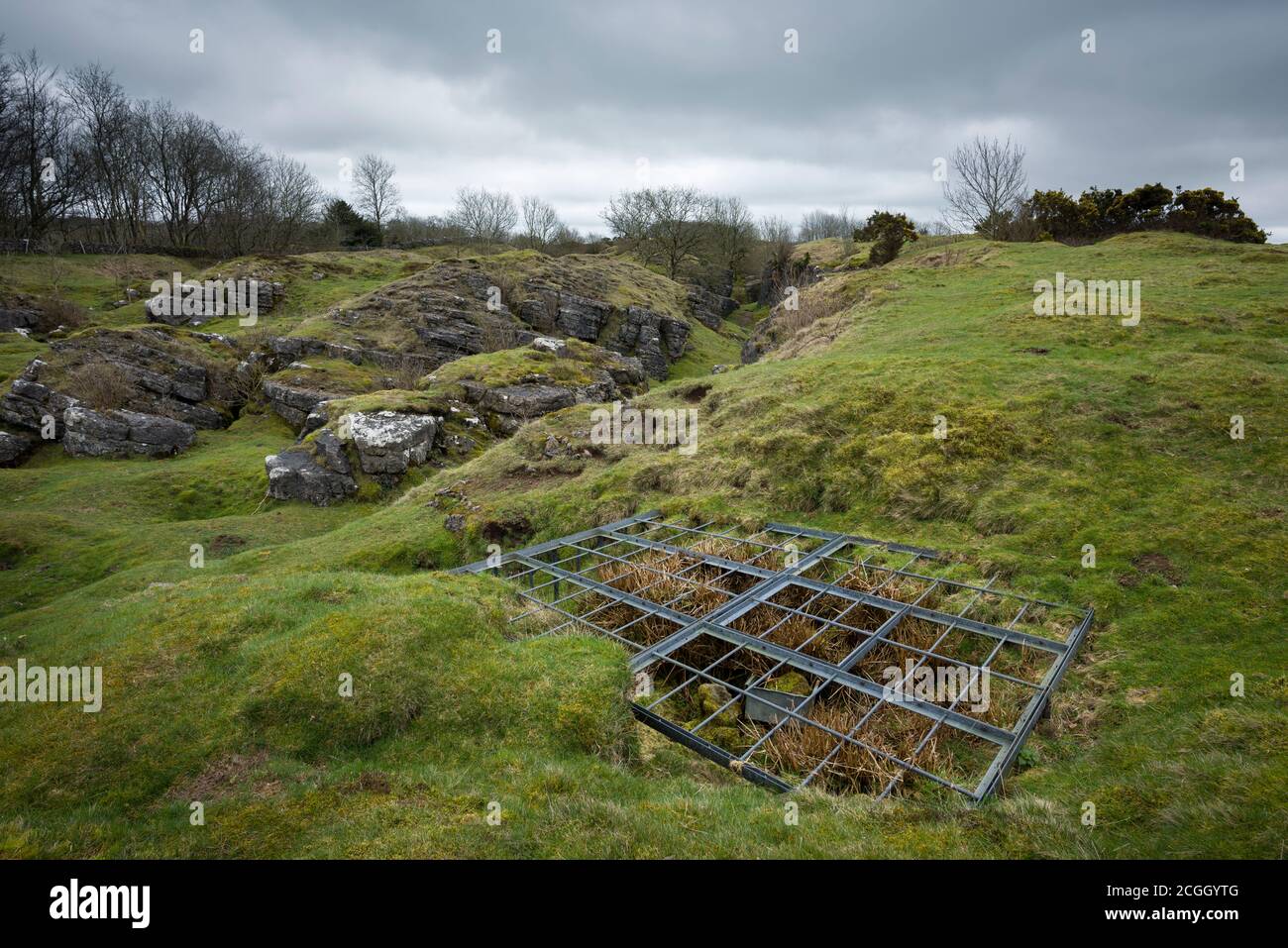 Grattugiare su una miniera esposta alle vecchie miniere di piombo a Ubley Warren nelle colline Mendip, Somerset, Inghilterra. Foto Stock