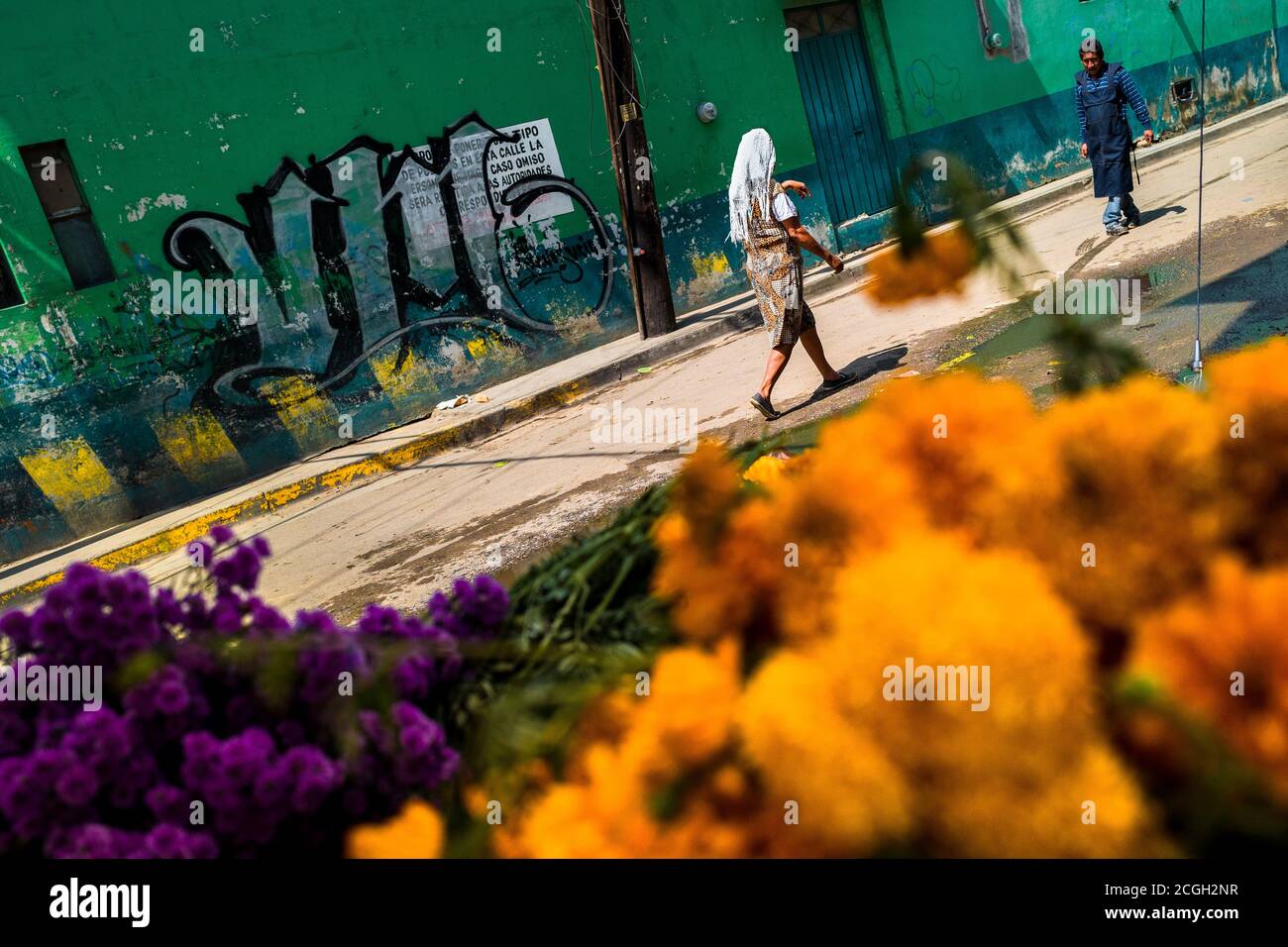 Una donna messicana cammina di fronte a mucchi di fiori marigoliti (Flor de muertos) durante le celebrazioni del giorno dei morti a Oaxaca, Messico. Foto Stock