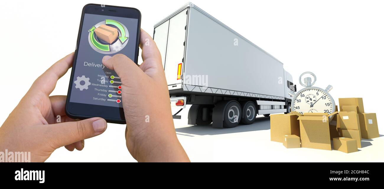 Rendering 3D di un'applicazione di monitoraggio della consegna tramite smartphone con i veicoli e le merci sullo sfondo Foto Stock