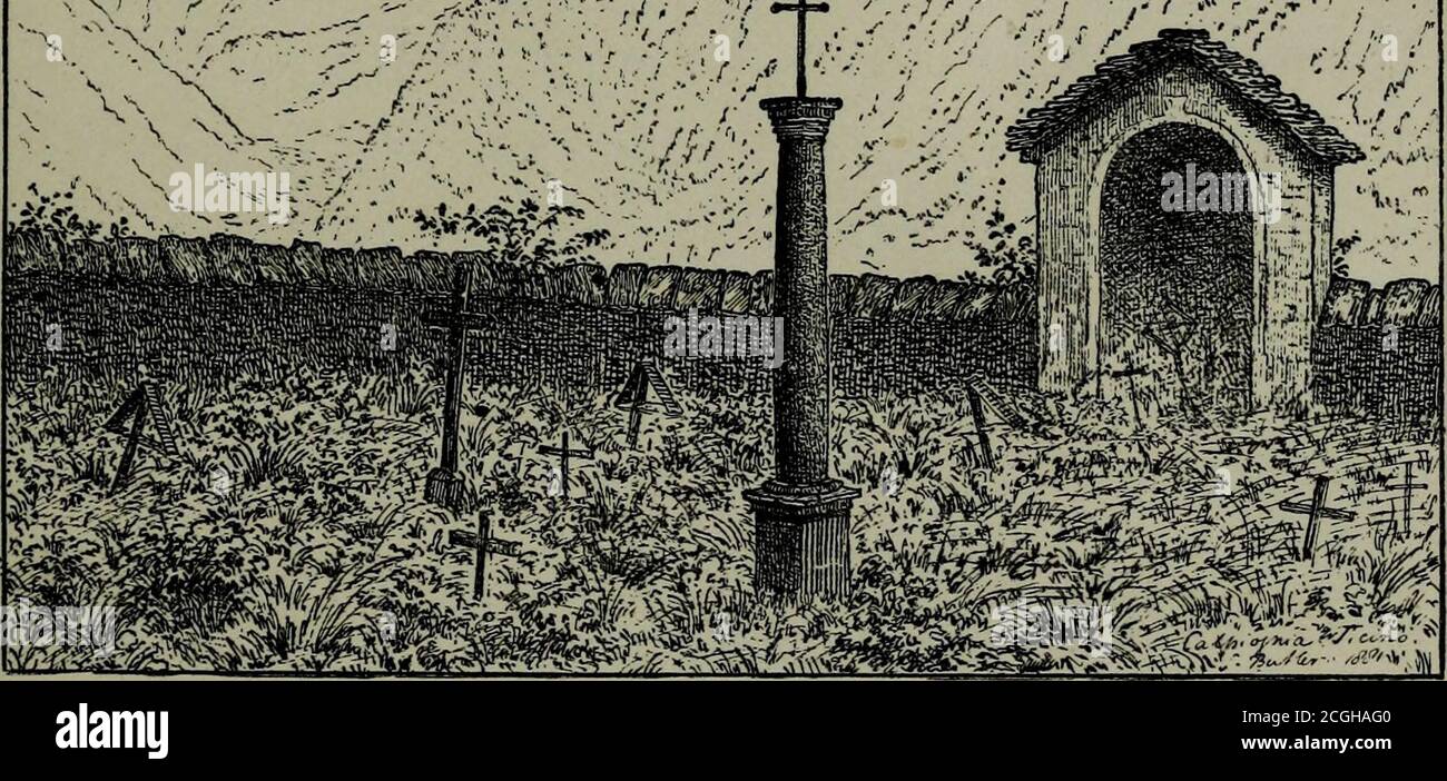 . Alpi e santuari del Piemonte e del Canton Ticino (op. 6.) . /£4&lt;5/y-?-t- PILE DI ORZO TICINESE. FAIDO. a 19 chilometri circa di distanza, mentre il corvo vola. Questa è la mia inchiesta di fondupon essere Dalpe; sopra Dalpe rosa pinete e pascoli ; poi le altier alpi, poi ruggedprecipices, e soprattutto il ghiacciaio Dalpe rosea witsunset. Ero incantato, ed era solo perché. CAMPO SANTO A CALPIOGNIA. La notte stava arrivando, e ho avuto un lungo cammino per scendere prima di tornare a Faido, che ho potuto ottenere la mirabile. Passai attraverso Calpiogna, e anche se thedusk si stava approfondendo, non potevo perdonare fr Foto Stock