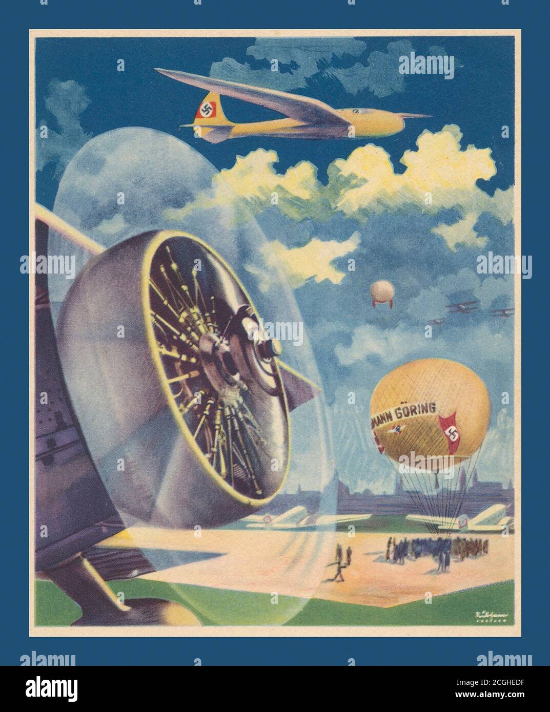 Nave d'epoca del corpo DI VOLO NAZISTA degli anni '30 AVIAZIONE nazista Germania Propaganda: Carta del 1937 'National Socialist Fliegerkorps (NSFK)', con l'illustrazione del pallone con l'etichetta Hermann Göring e bandiera swastika, aliante ed elica, Reichswerke Hermann Göring è stato un conglomerato industriale della Germania nazista. È stata fondata nel luglio 1937. Il Reichswerke, di proprietà statale, è stato visto come un veicolo di crescita rapida nel settore minerario e della produzione di acciaio per scopi militari. Foto Stock