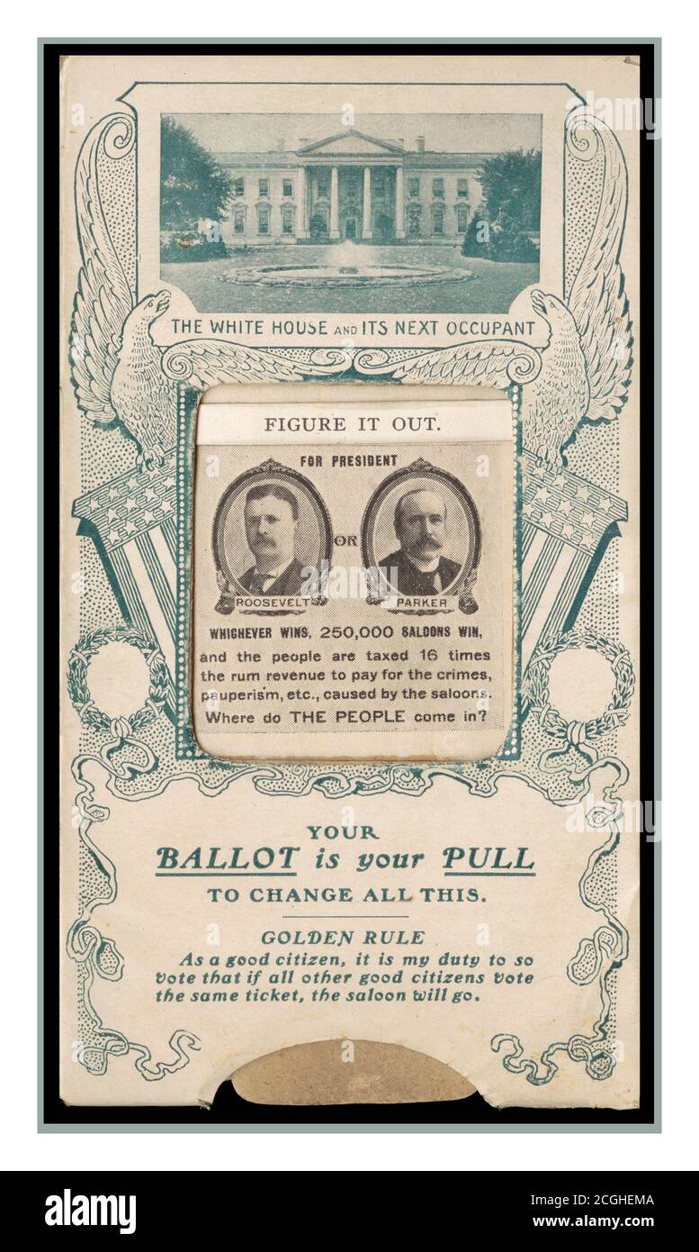 Carta di voto per la campagna presidenziale del proibizionismo degli Stati Uniti d'America del 1900. CA. 1904 ‘ il vostro voto è la vostra forza per cambiare tutto questo’ nelle elezioni presidenziali, il presidente repubblicano Theodore Roosevelt sconfisse il giudice democratico Alton Parker di New York. Parker, un democratico borbonico conservatore, ha vinto la nomina democratica al primo scrutinio, mentre l'ex presidente Grover Cleveland e l'ex candidato presidenziale William Jennings Bryan hanno entrambi rifiutato di correre. Roosevelt dominò sia il voto popolare che il collegio elettorale, portando ogni stato fuori dal Sud. Foto Stock