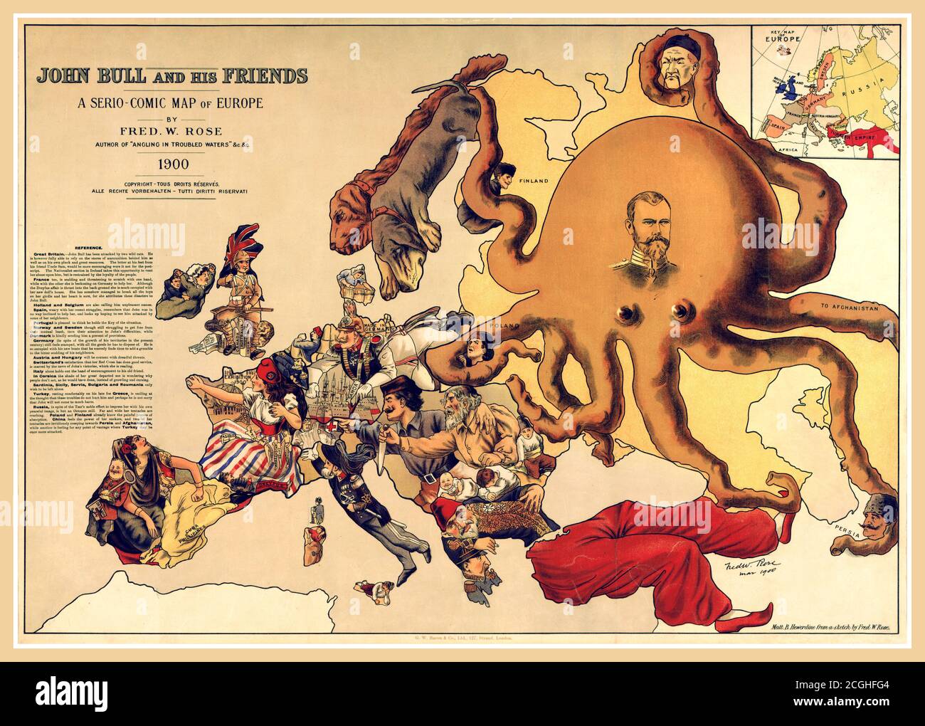 Carta politica d'epoca 1900, 'John Bull e i suoi amici' di Frederick Rose dei Paesi d'Europa, conosciuta come la carta dell'Octopus dalla presenza scoscesa dell'Impero russo raffigurata come un polpo massiccio, i cui tentacoli si estendono verso l'Europa. Foto Stock