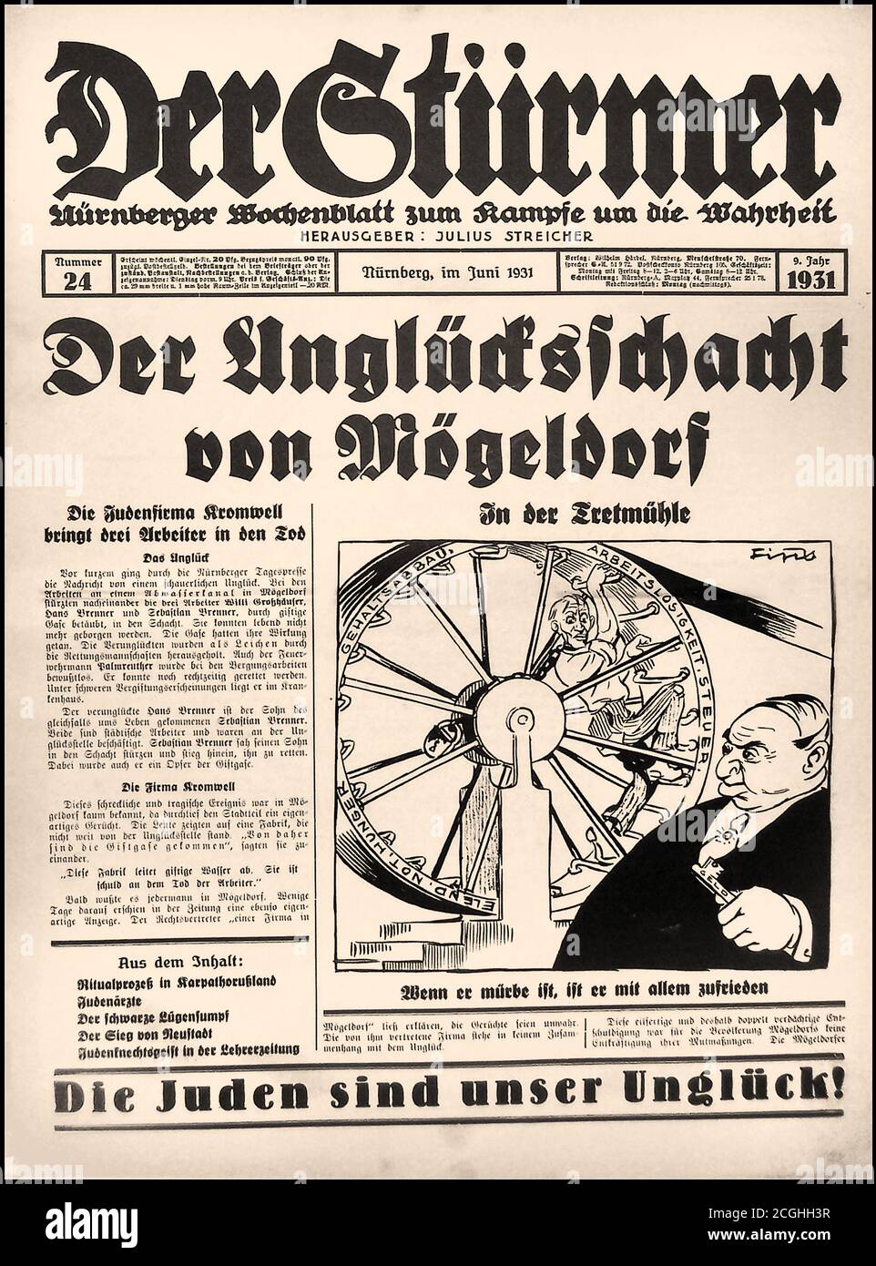 Der Stürmer, un quotidiano nazista e razzista di epoca nazista anti-ebraica (letteralmente ‘The Stormer;’ o più precisamente ‘l’attaccante’), è stato un quotidiano nazista pubblicato settimanalmente dal 1923 alla fine della seconda guerra mondiale nel 1945. Era una parte significativa del macchinario di propaganda nazista ed era veemente antisemita.‘DStürmer era meglio conosciuto per le sue caricature antisemitiche, che rivelavano gli ebrei come personaggi brutto con tratti facciali esagerati e corpi malformati. Fu il contributo del proprietario Julius Streicher all'Annichilazione degli ebrei europei. Fu giustiziato per crimini di guerra nel 1945 Foto Stock