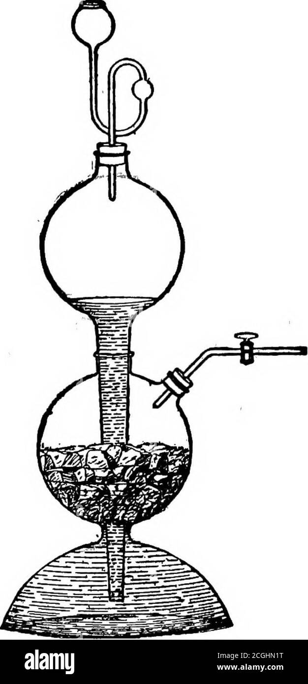 . Introduzione alla chimica inorganica non è un semplice spostamento (vedi sotto) dell'idrogeno. L'ossigeno viene rimosso da una parte dell'acido, eacqua e solfuro di idrogeno si formano: 4Zn + SH^SO, -♦ 4ZnS0, + ^H^o + 11,8. Preparazione di idrogeno da acqua. Tutti i themetals che agiscono sugli acidi diluiti sposteranno anche l'idrogeno fromwater, e nessun altro lo farà. Solo i metalli più attivi, come il potassiume il sodio, che agirebbero con vigore incontrollabile sugli acidi diluiti, possono spostare l'idrogeno rapidlydall'acqua fredda. Magnesio e zincshow azione evidente sull'acqua solo a 100°C, AN Foto Stock