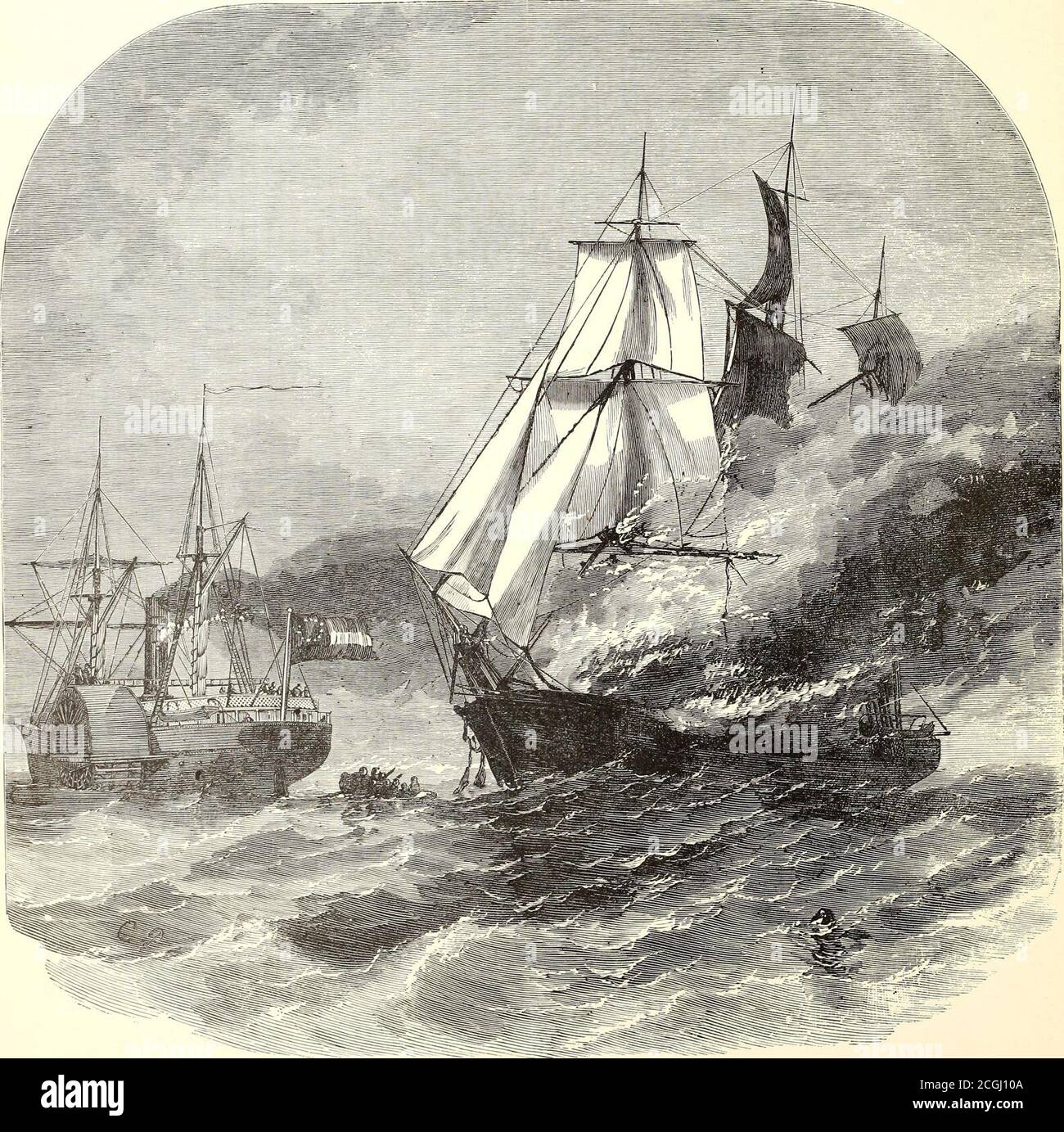 . Le scene e i ritratti di Frank Leslie della Guerra civile ... . VIAGGIARE IN STATO - GENERALE BURNSIDE SULLA STRADA DA NUOVA BERNA A BEAUFORT, N. C.. COMBUSTIONE DEL MERCANTILE AMERICANO HARVEY BIRCH, DI NEW YORK, CAPITANO NELSON, NEL CANALE BRITANNICO, DAL PIROSCAFO CONFEDERATO NASHVILLE, CAPITANO PEAGRIM, 17 NOVEMBRE 1801. Il 17 novembre 1801, la Harvey Birch, una splendida nave di New York di 1,480 tonnellate e del valore di 150,000 dollari, era sulla sua strada da Havreto New York in zavorra, comandata dal Capitano Nelson, con ufficiali e equipaggio, tutti dicono, ventinove uomini. In latitudine 40.0 nord, longitudine O. Foto Stock