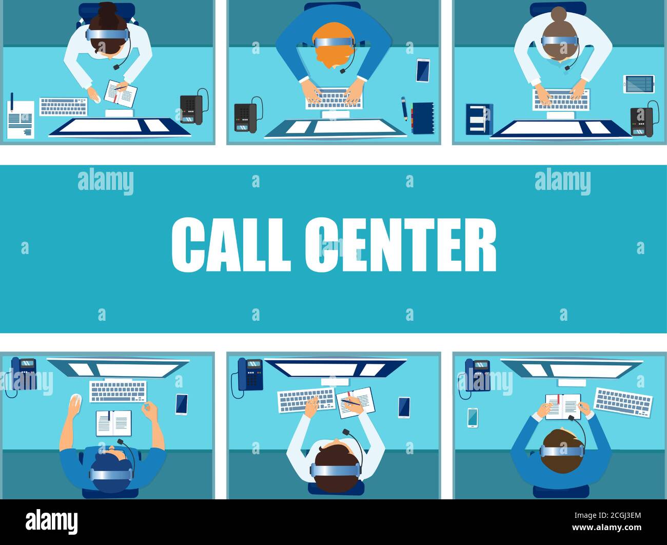 Vista dall'alto vettoriale degli armadi per ufficio con i dipendenti in cuffie utilizzo dei computer in un operatore del call center Illustrazione Vettoriale