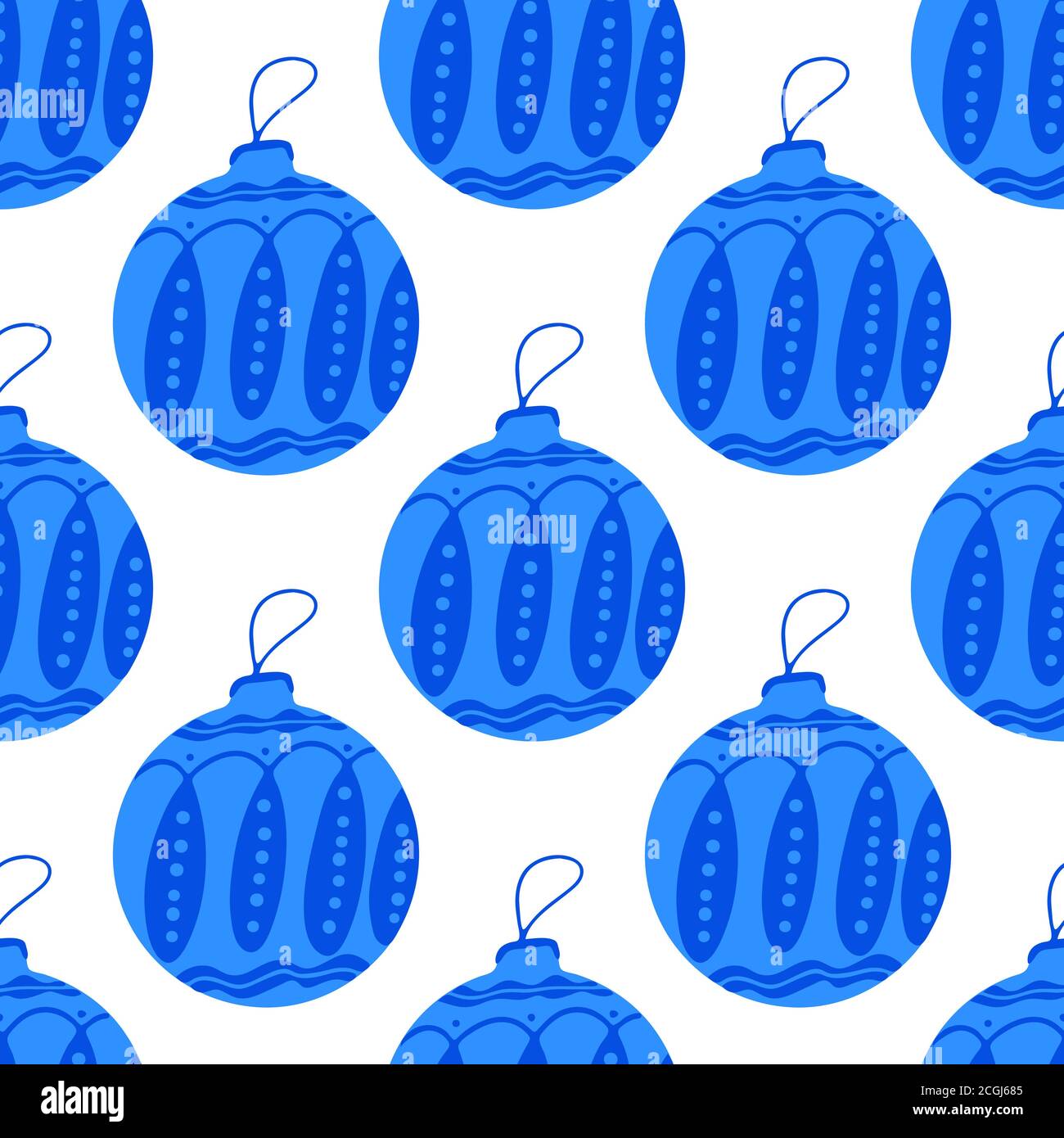 Motivo senza cuciture realizzato a mano blu palla albero di Natale con elementi doodle. Isolato su sfondo bianco. Illustrazione Vettoriale