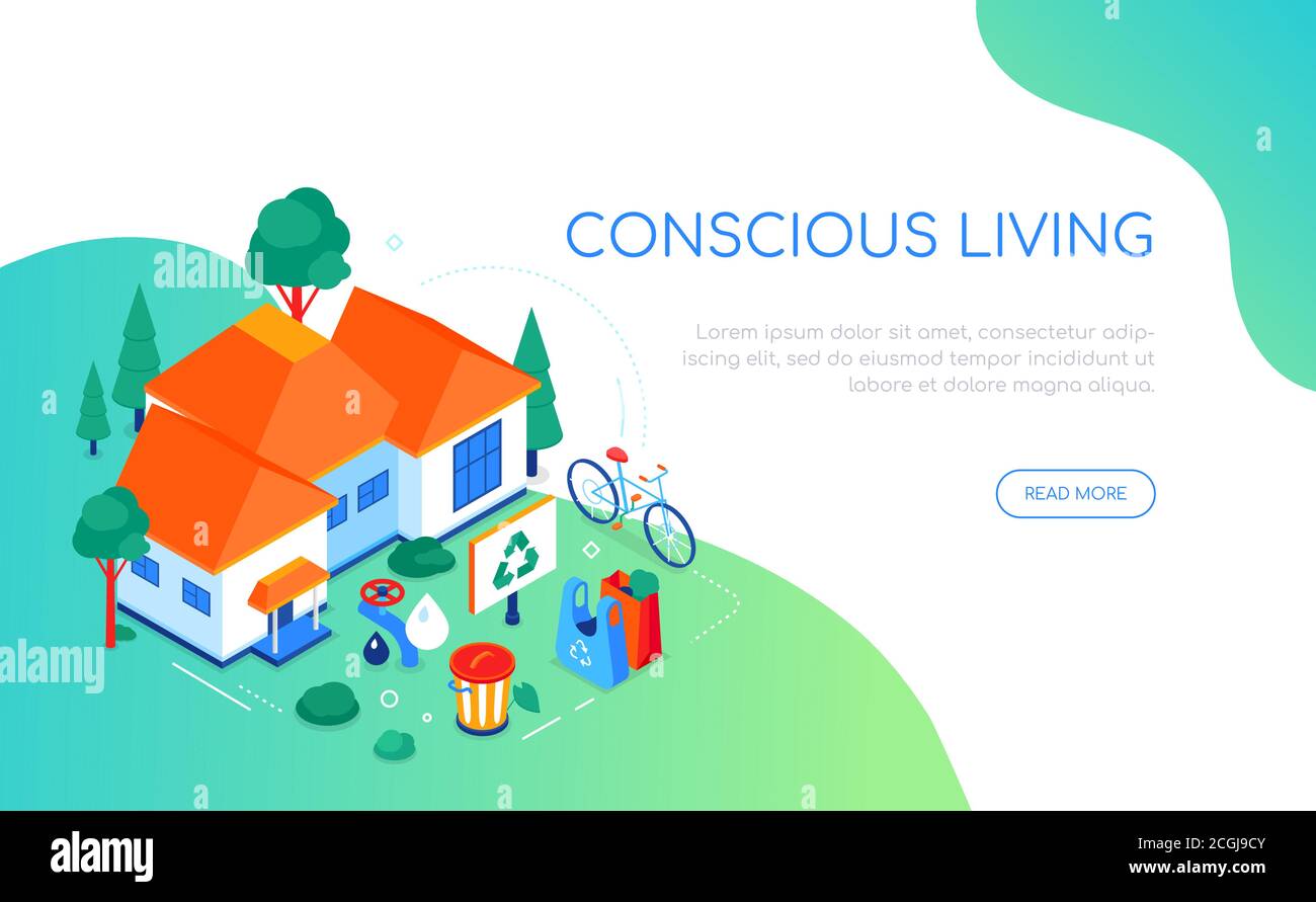 Conscio vivere - moderno banner isometrico colorato web Illustrazione Vettoriale