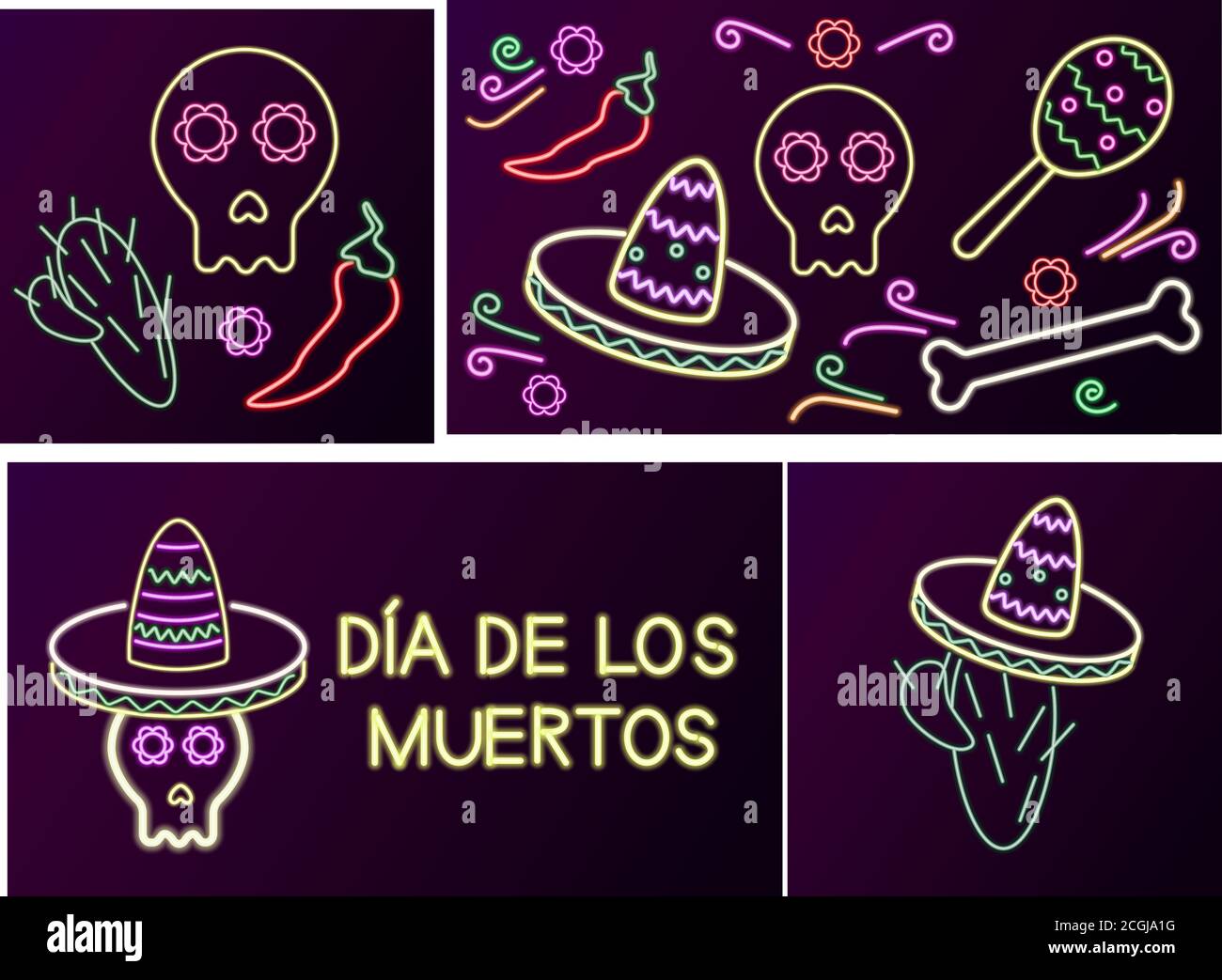 Dia de los Muertos o Day of the Dead Spanish National Holiday Neon Banner Design. Vector illustrazione colorata del partito di notte messicano di festa. Illustrazione Vettoriale