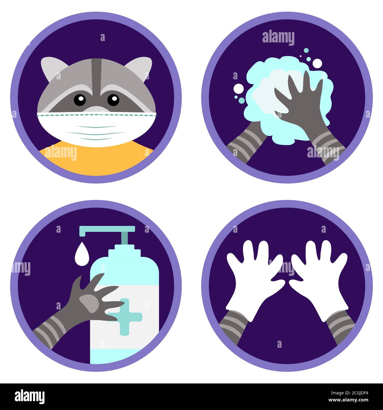Misure di sicurezza contro il coronavirus illustrate dal simpatico raccoon. Istruzione cartoony per bambini. Set di icone vettoriali piatte: Indossare una maschera, guanti, ecc. Illustrazione Vettoriale