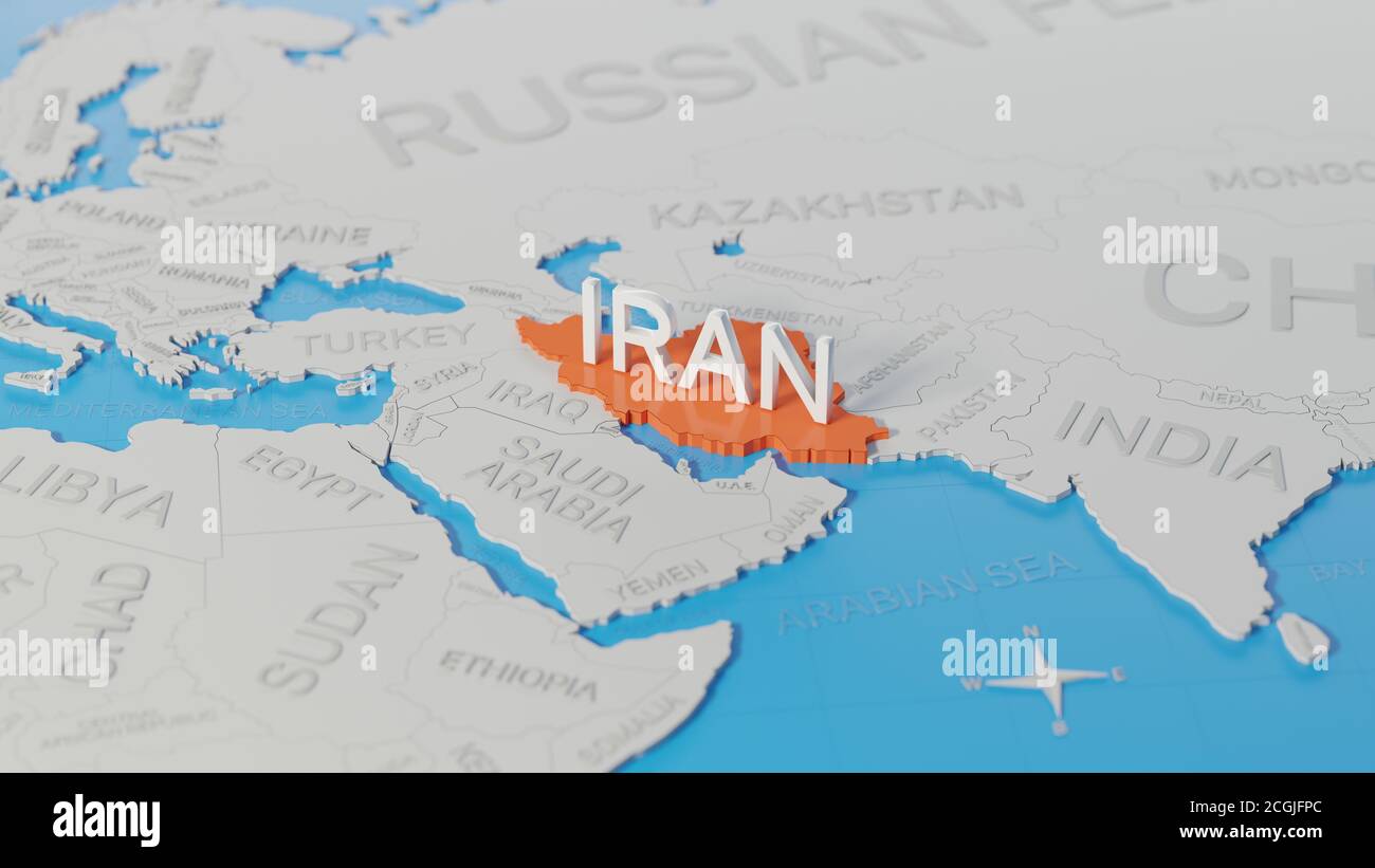 L'Iran è evidenziato su una mappa mondiale 3D semplificata bianca. Rendering 3D digitale. Foto Stock