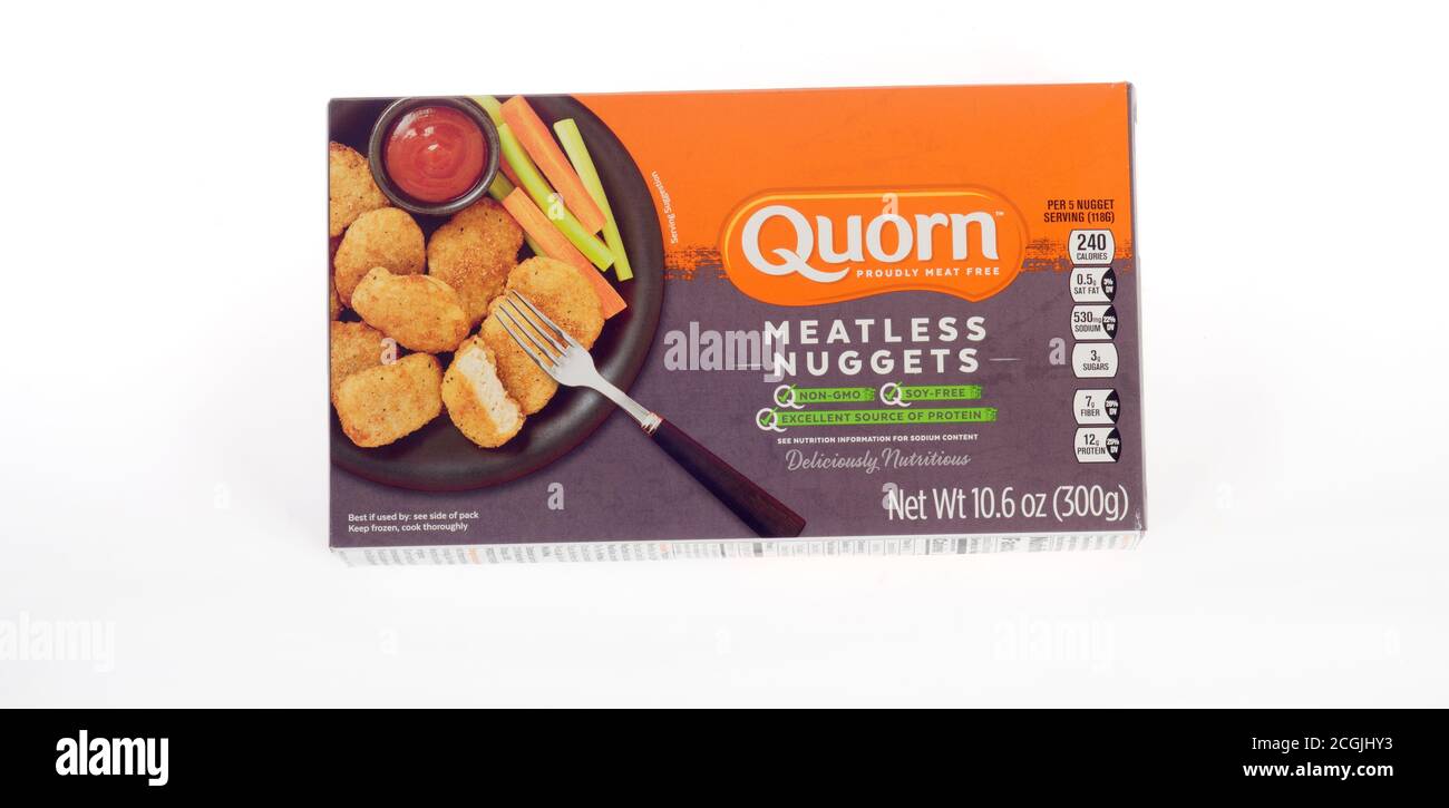 Nuggets Quorn senza meatless congelati in scatola Foto Stock